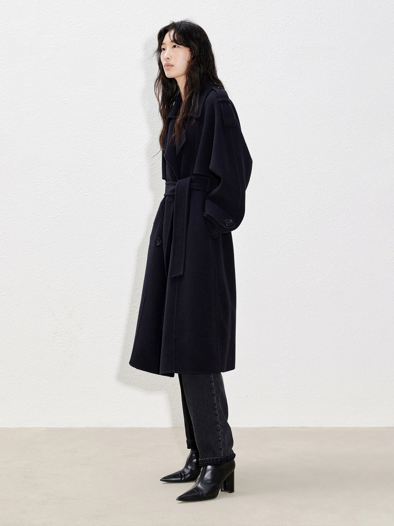 Wool Double Breasted Black Coat with Belt