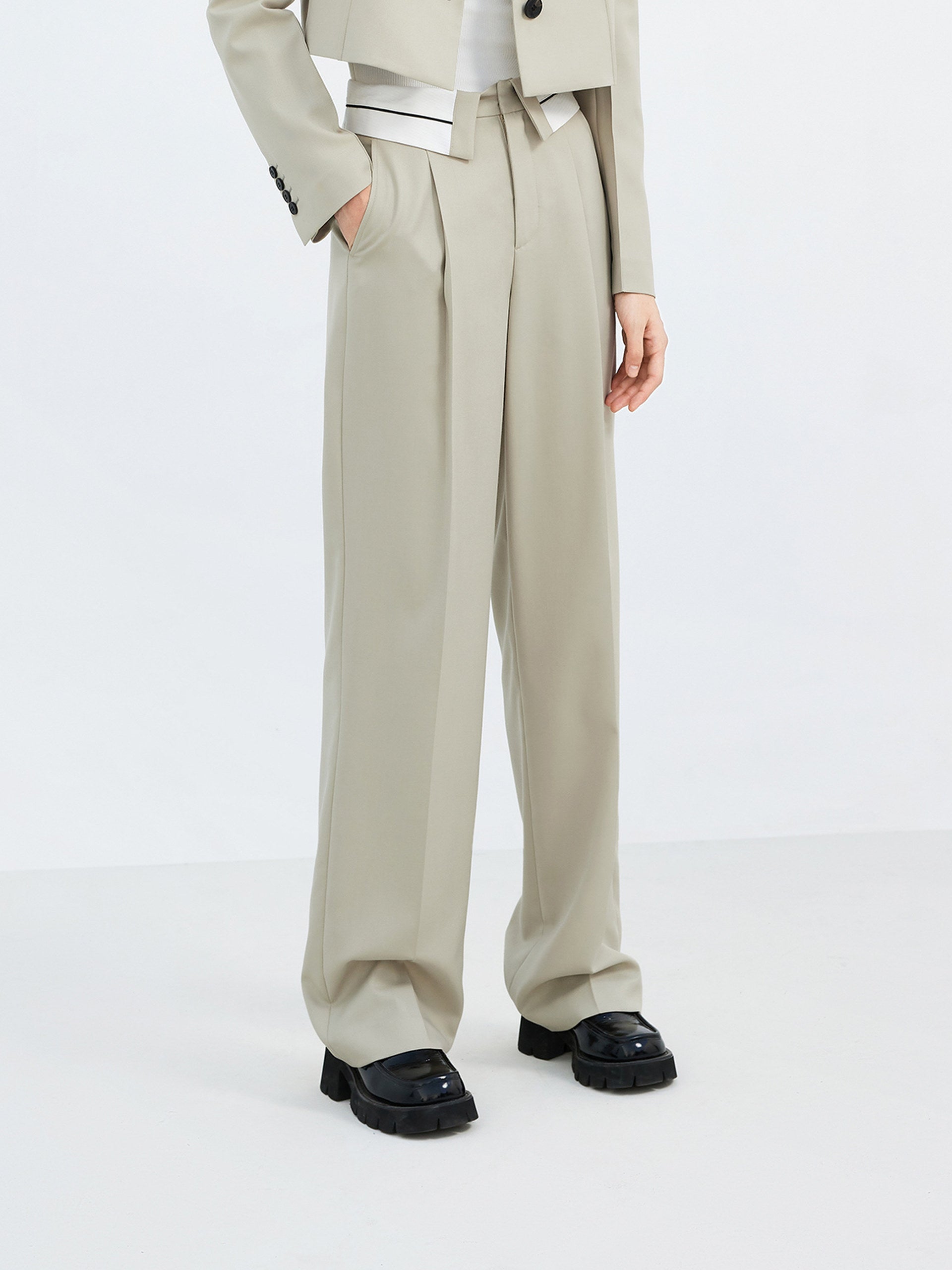 Wool blend Straight Flipped waistband Suit Pants in Khaki