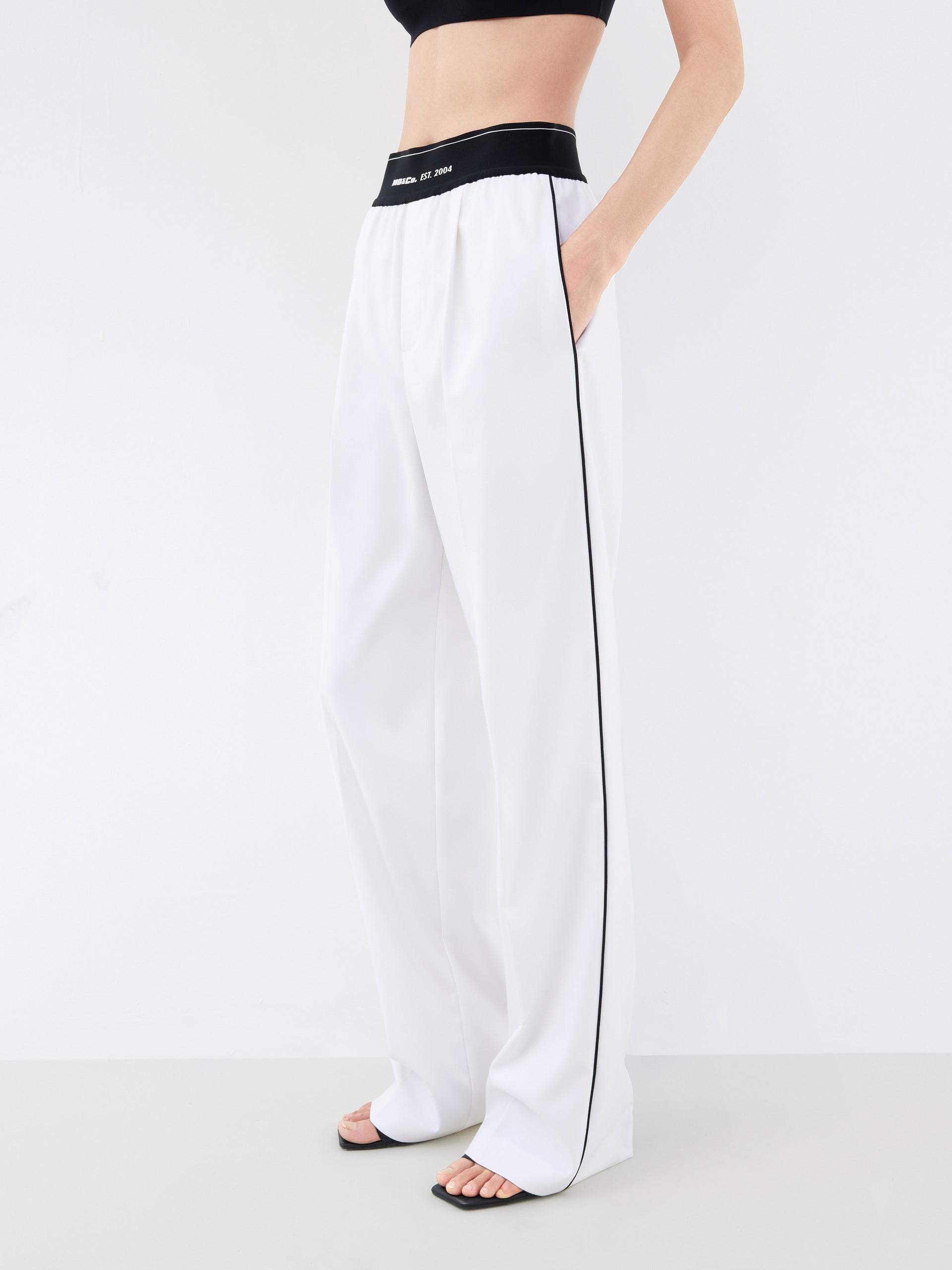 Wide Logo Waistband Straight Athleisure Pants Trousersin White