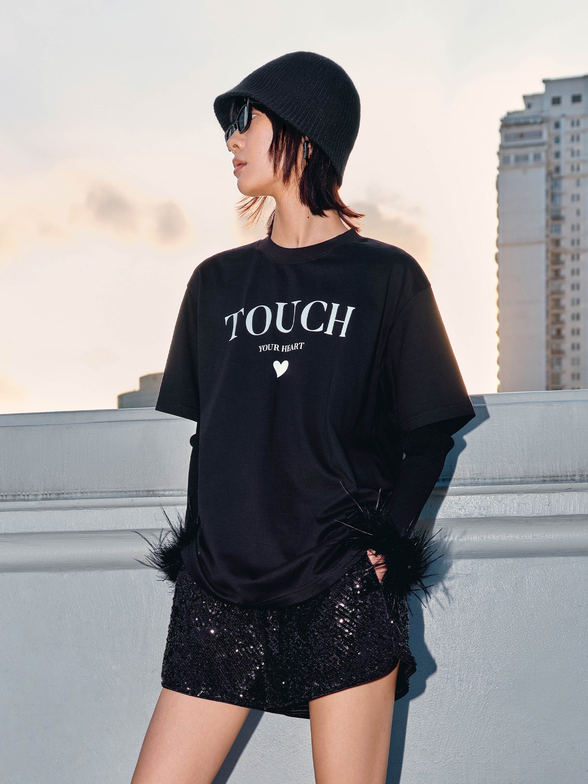 Black Sweetheart Print Cotton Causal Short Sleeves T-Shirt