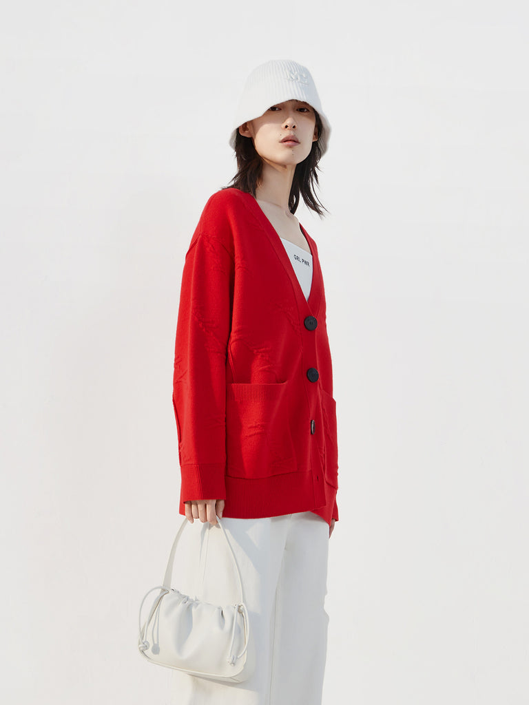 Wool Blend Letter Textured Jacquard Cardigan in Red