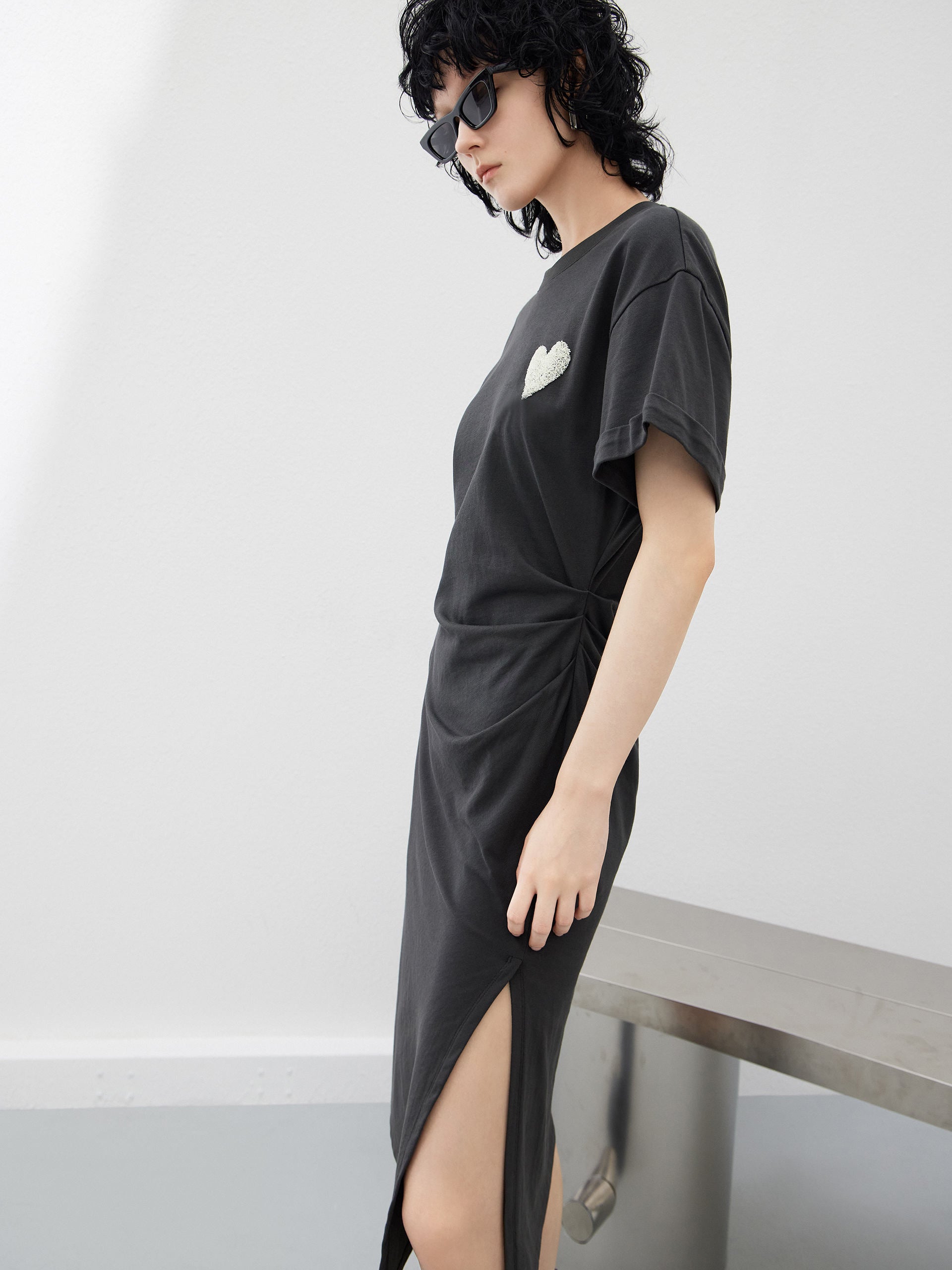 Pleated Sequin Details Casual Grey Dress