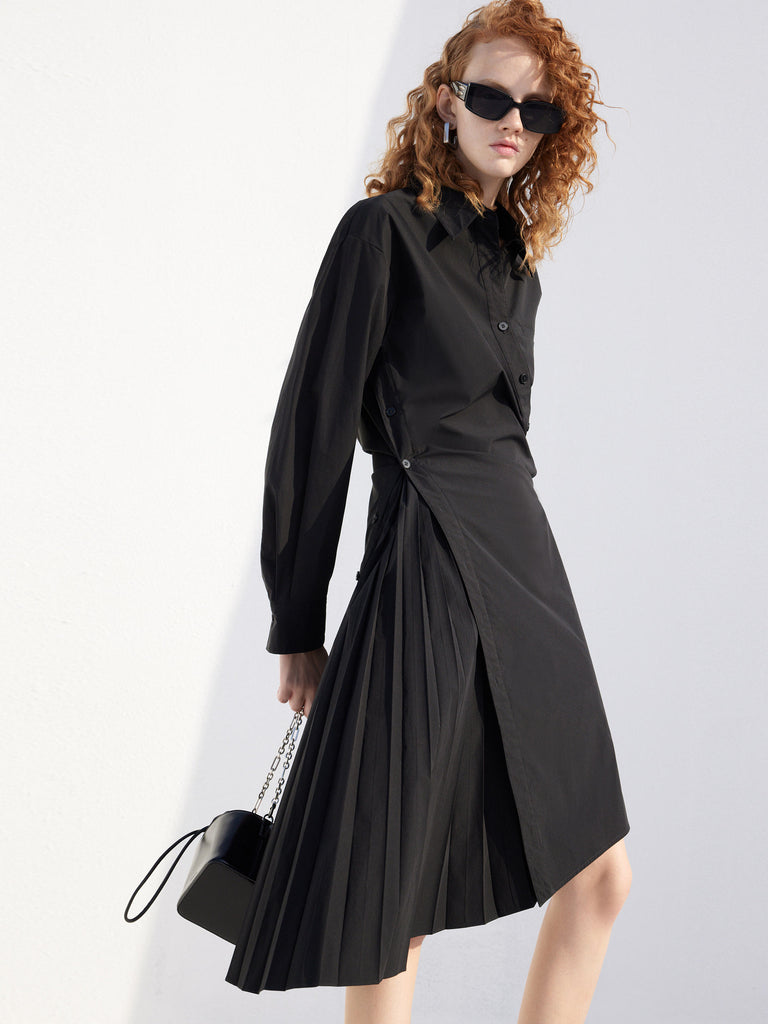 Women's Slant Placket Asymmetric Hem Shirt Dress in Black