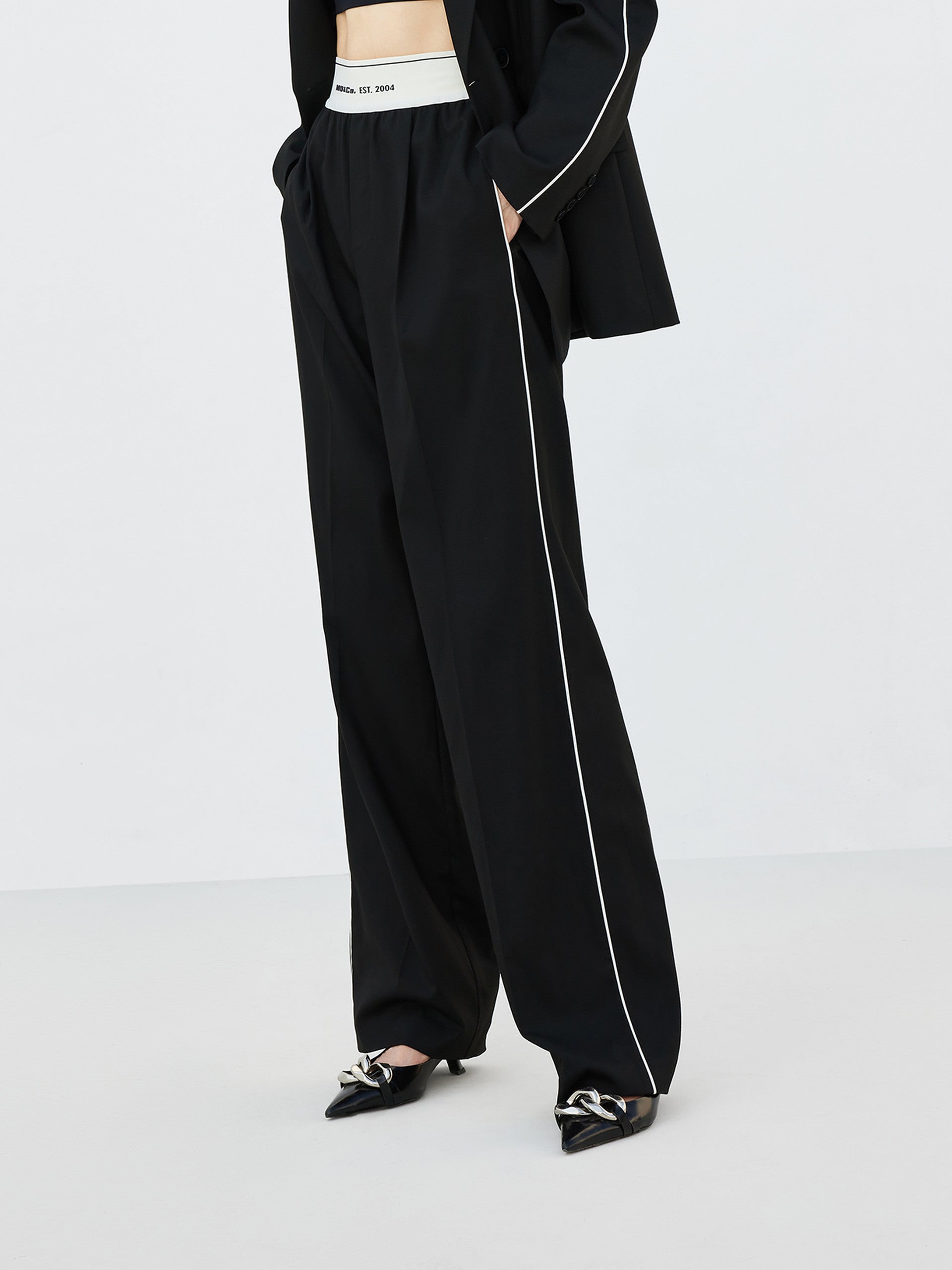 Wide Logo Waistband Straight Athleisure Pants Trousers in Black
