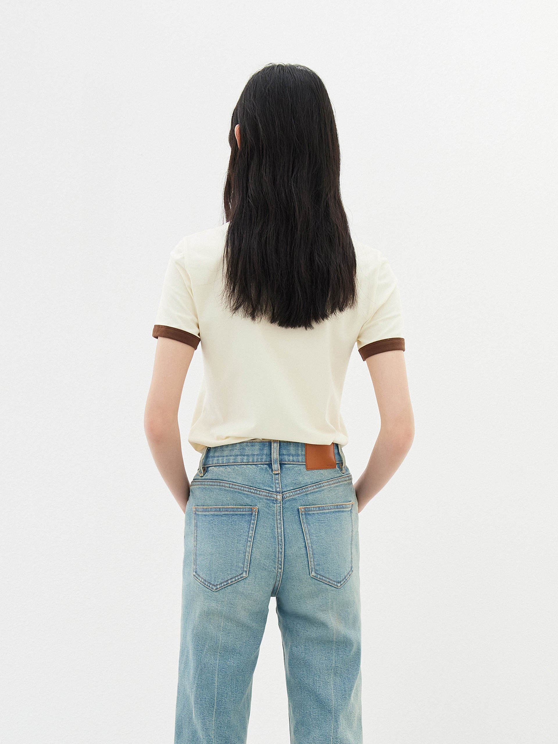 Women's Contrast Round Neck Slim Fit T-shirt in Beige