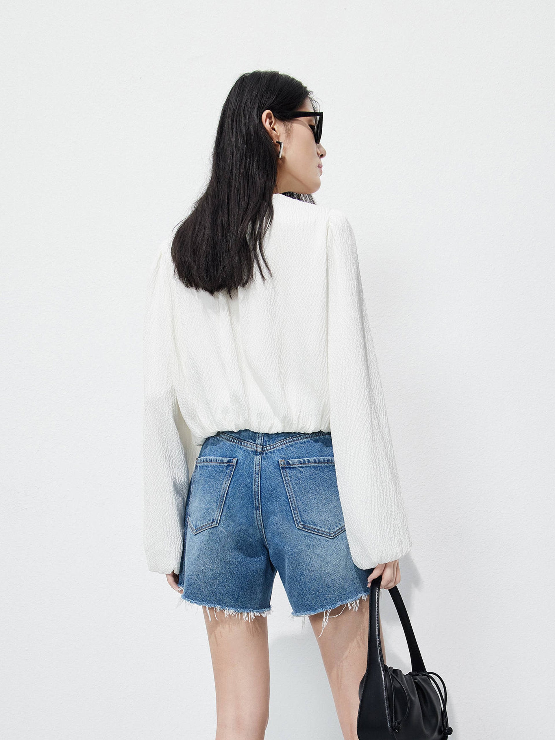 Silk-blend Texture Crop Black Volume Sleeves TopSilk-blend Texture Crop White Volume Sleeves Top