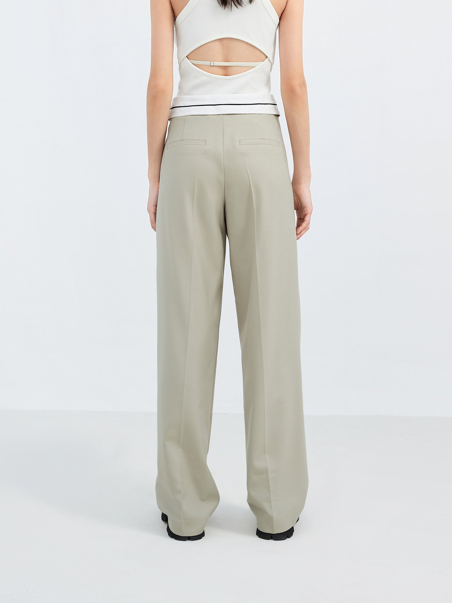 Wool blend Straight Flipped waistband Suit Pants in Khaki