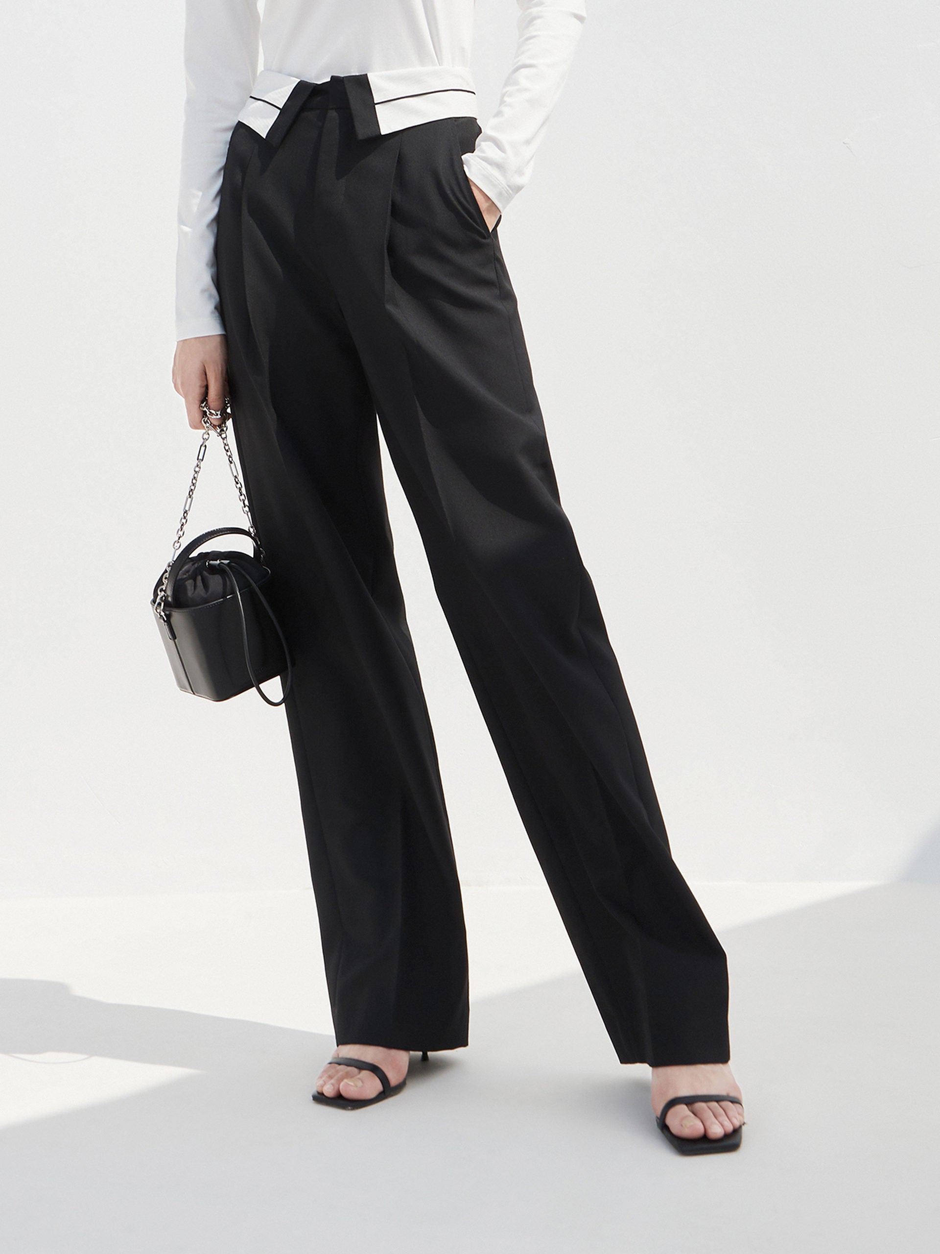 Wool blend Straight Flipped waistband Suit Pants in Black