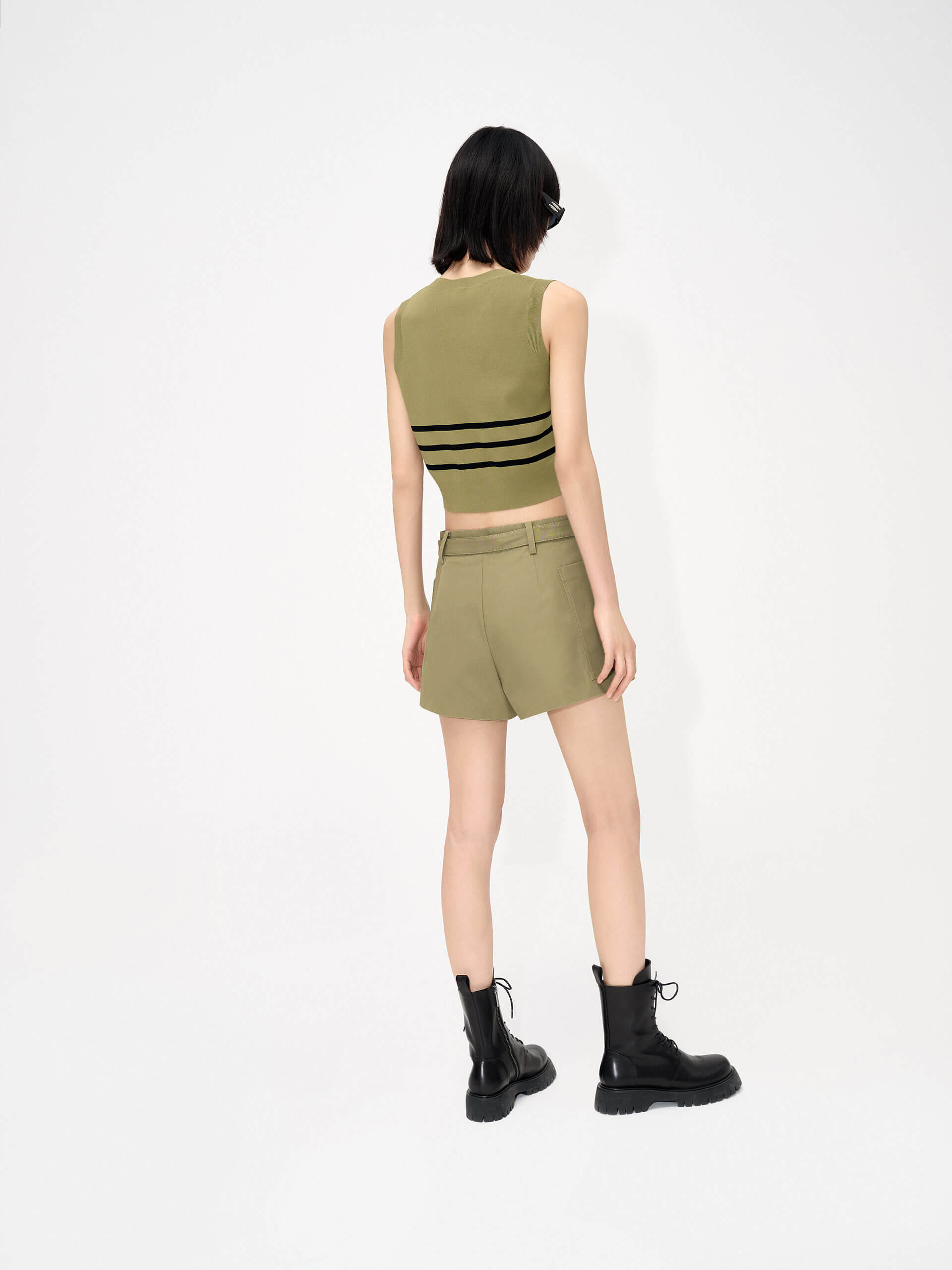 MO&Co. Women's Striped V-neck Knitted Cropped Vest for Summer in Olive