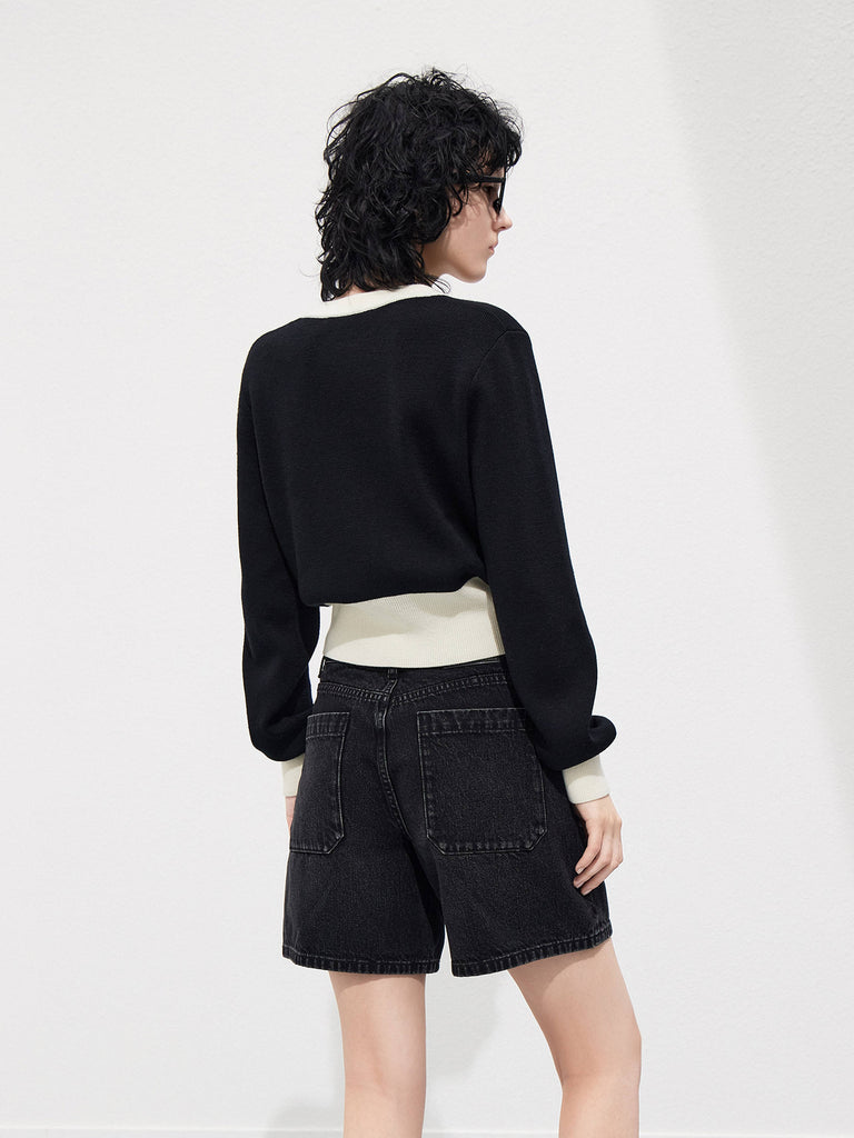 Merino Wool Contrast Cropped Knit Cardigan in Black