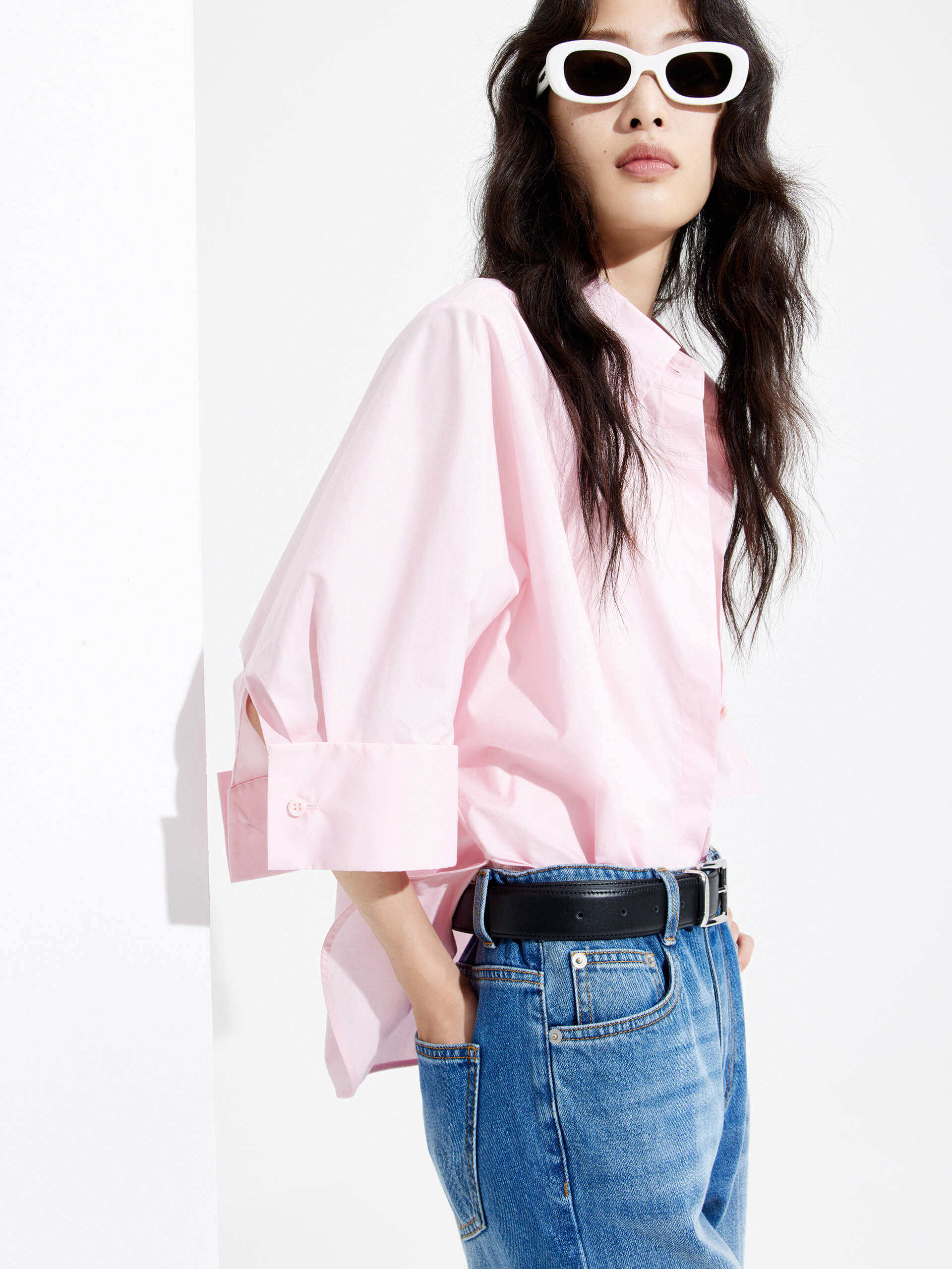 MO&Co. Women's Loose-fit Cotton Blend 3/4 Sleeves Shirt in Pink