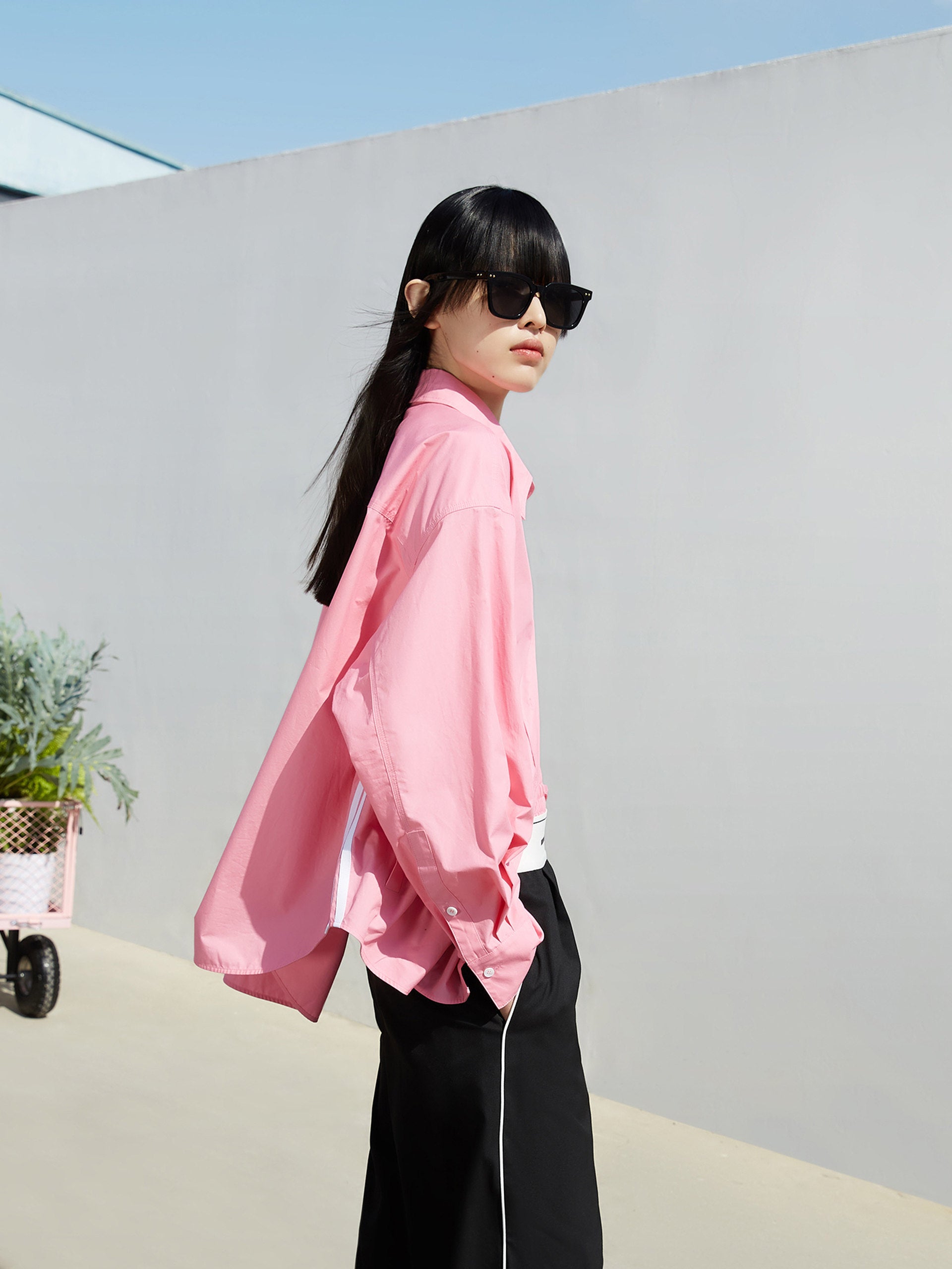 Contrast Trim Cotton Oversized Shirt in Pink