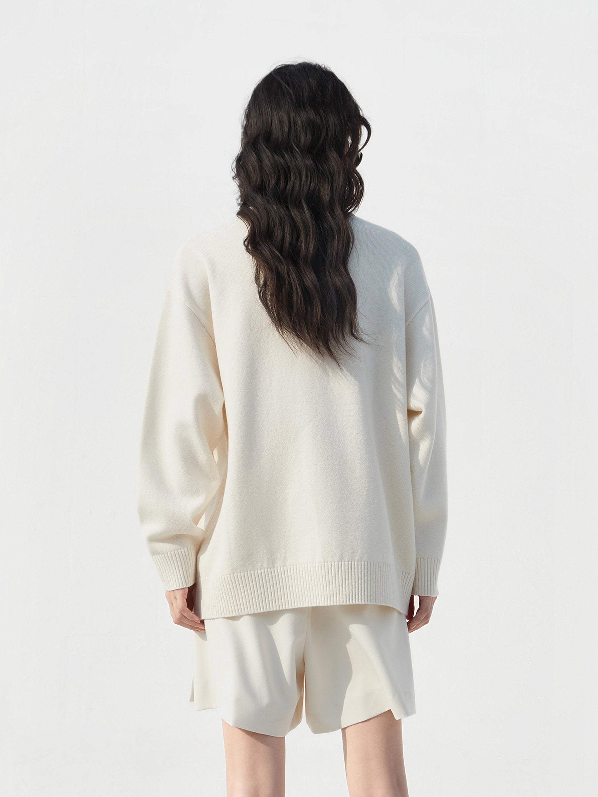 Beige Rose Embroidered and Jacquard Wool Sweater Pullover