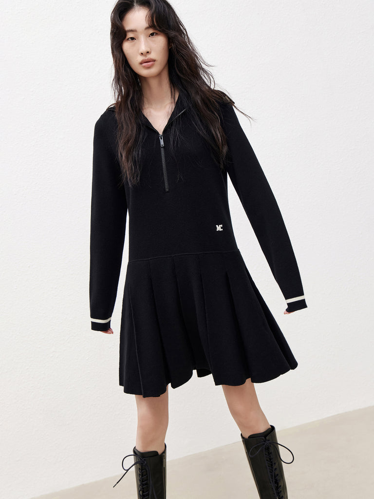 Black Wool Blend Navy Collar Sweater Dress