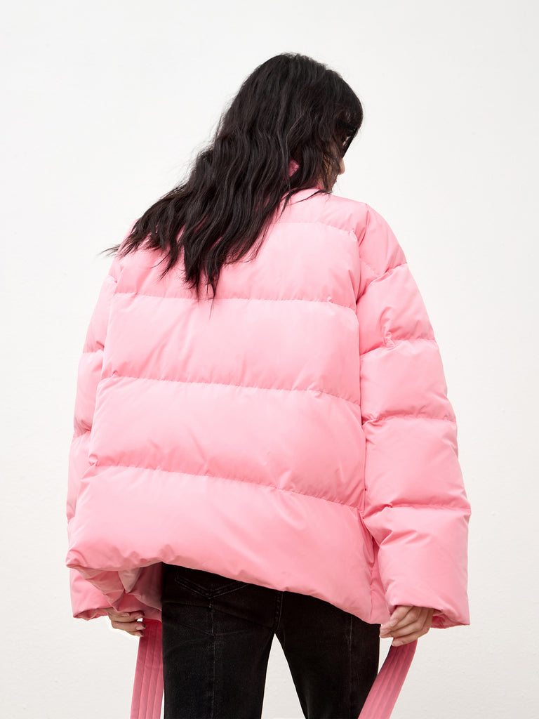 Pink Lapel Collar Puffer Down Jacket with Belt