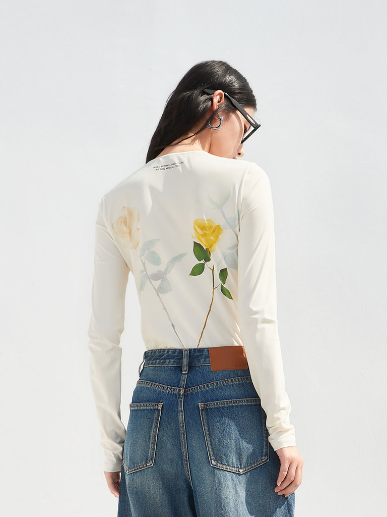 Beige Crewneck Flower Pattern Print Long Sleeves Bodysuit Top
