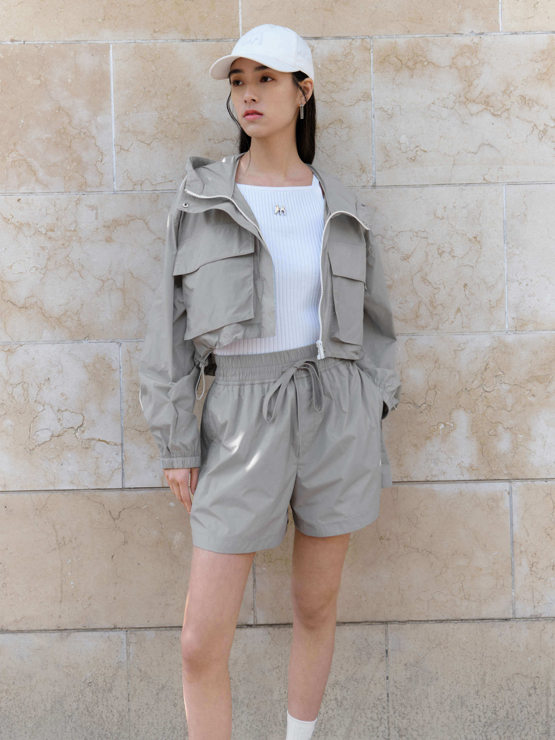 MO&Co. Women's Drawstring Athleisure Sun Protection Sporty Track Shorts in Grey