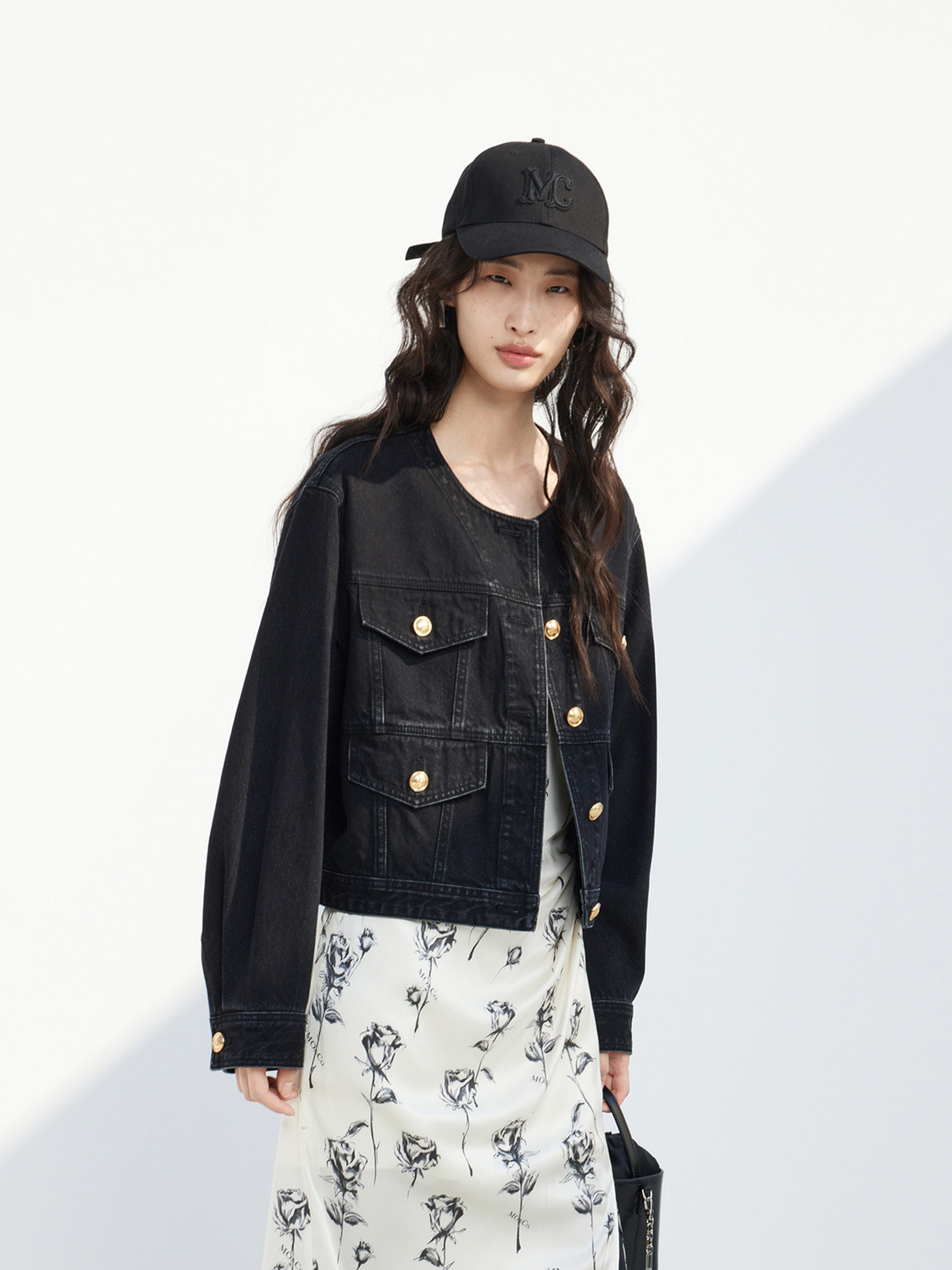 Collarless Cotton Denim Cropped Jacket in Black