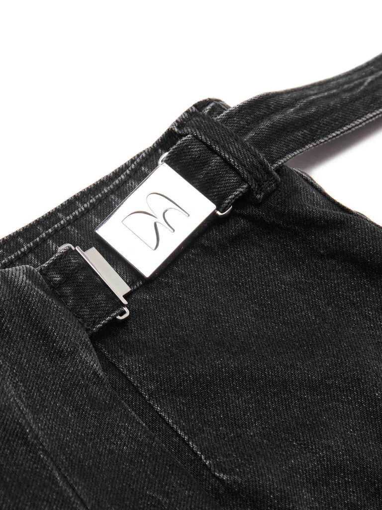 MO&Co.'s Women's Wrap Detail Pleated Black denim Shorts. Features include mini length, raw hem details and a wrap pleated patch with buckle belt.