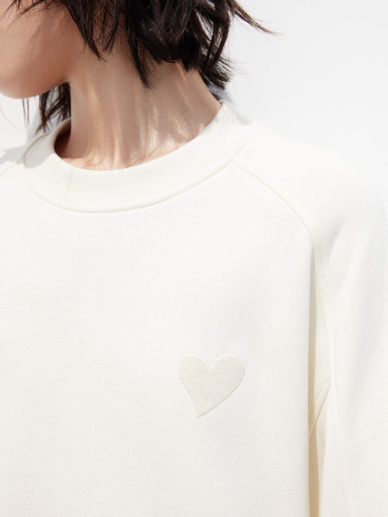 Heart Pattern Embroidered Causal Beige Cotton Sweatshirt