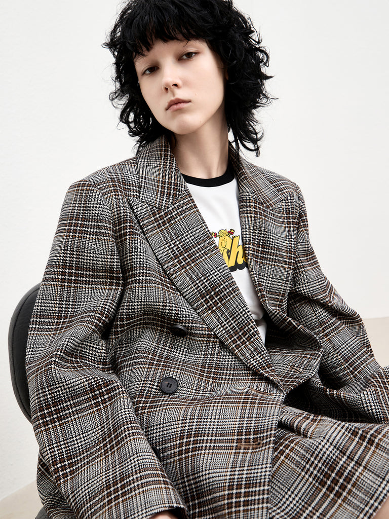Checked Double Breasted Textured Blazer