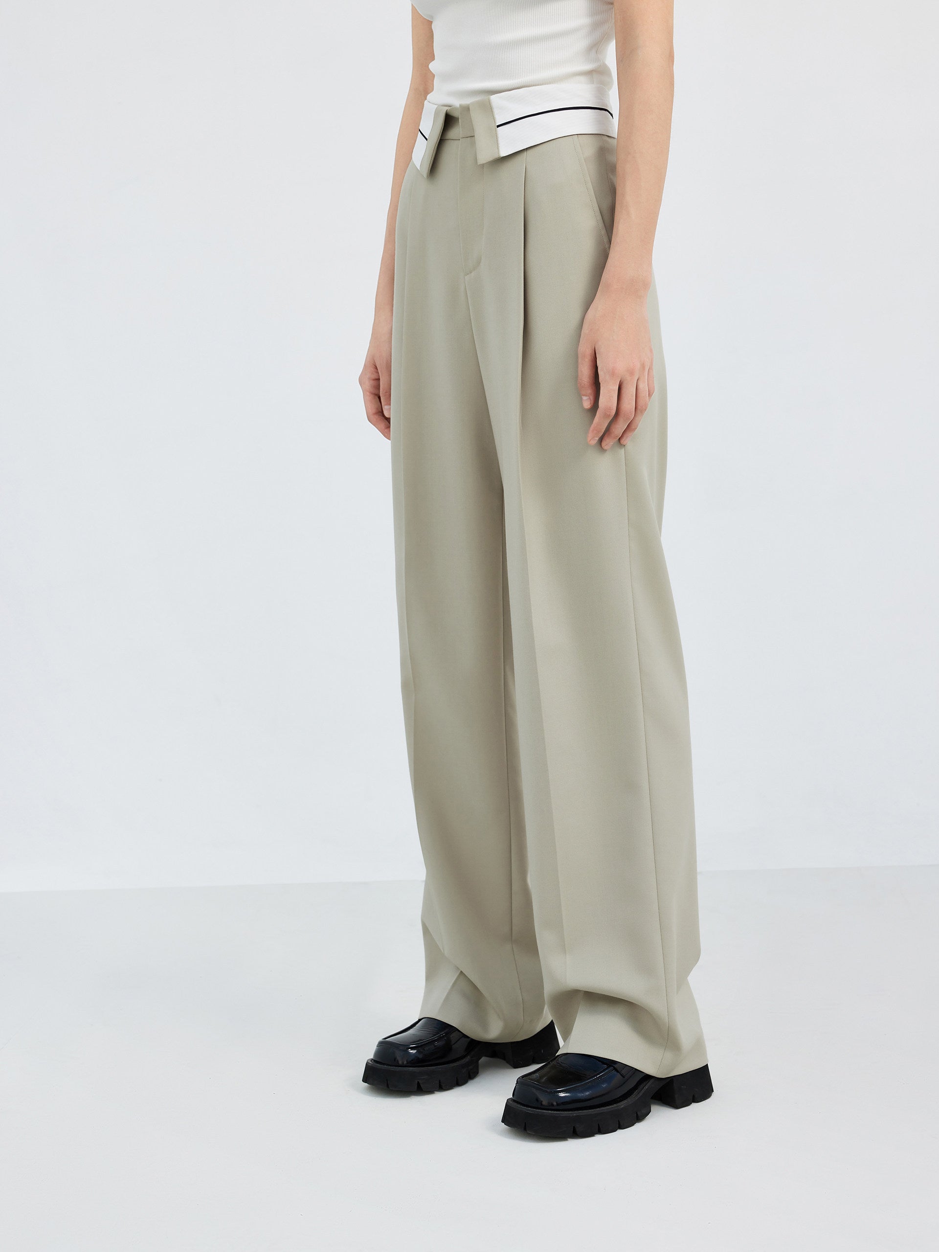 Wool blend Straight Flipped waistband Suit Pants in Khaki