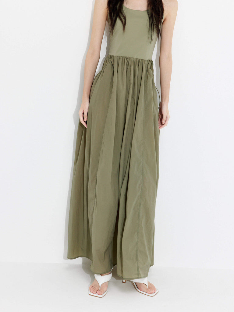 MO&Co. Women's Athleisure Contrast Panel Cutout Dress in Olive features sleeveless, racerback silhouette and maxi length.