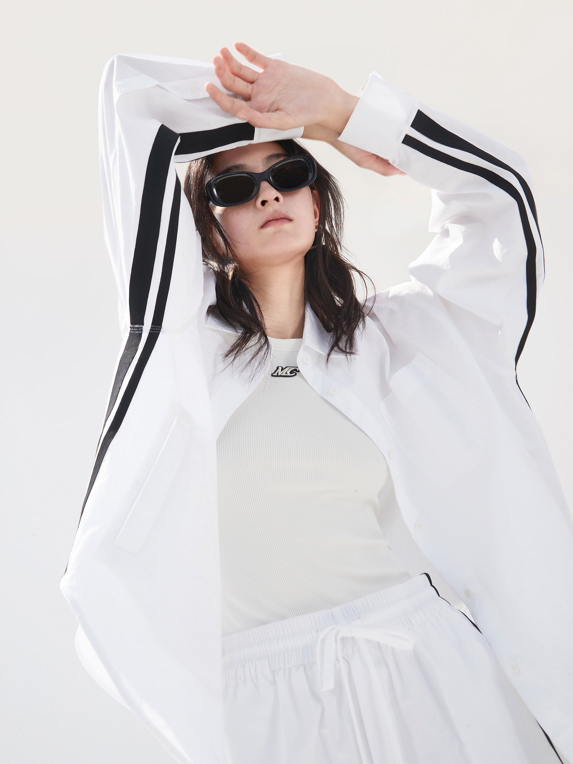 Contrast Trim Cotton Oversized Shirt in White