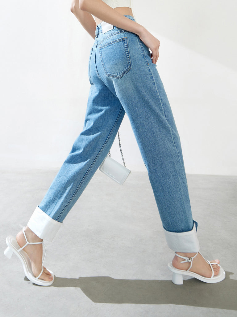 Women's Turn Up Straight Blue Jeans