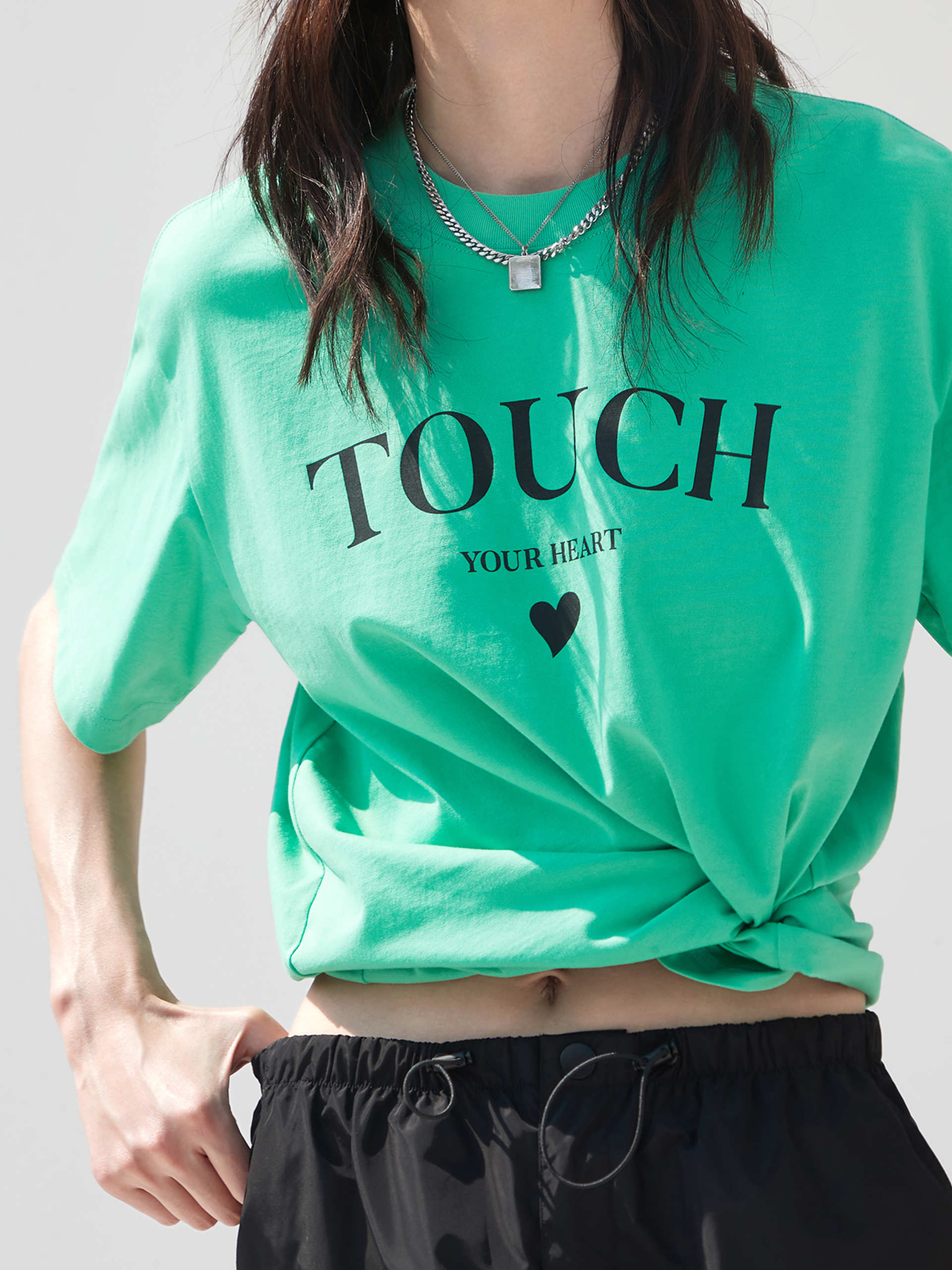 Green Sweetheart Print Cotton Causal Short Sleeves T-Shirt