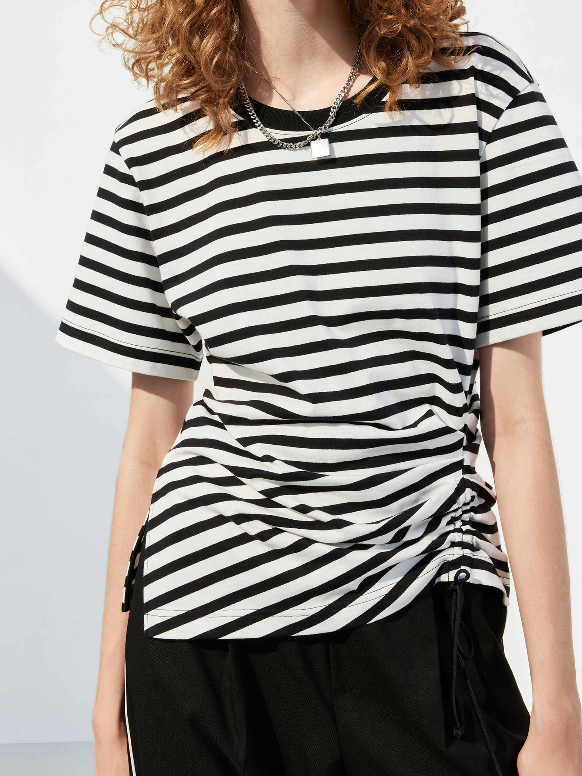 Striped Drawstring Detail Short Sleeves T-shirt