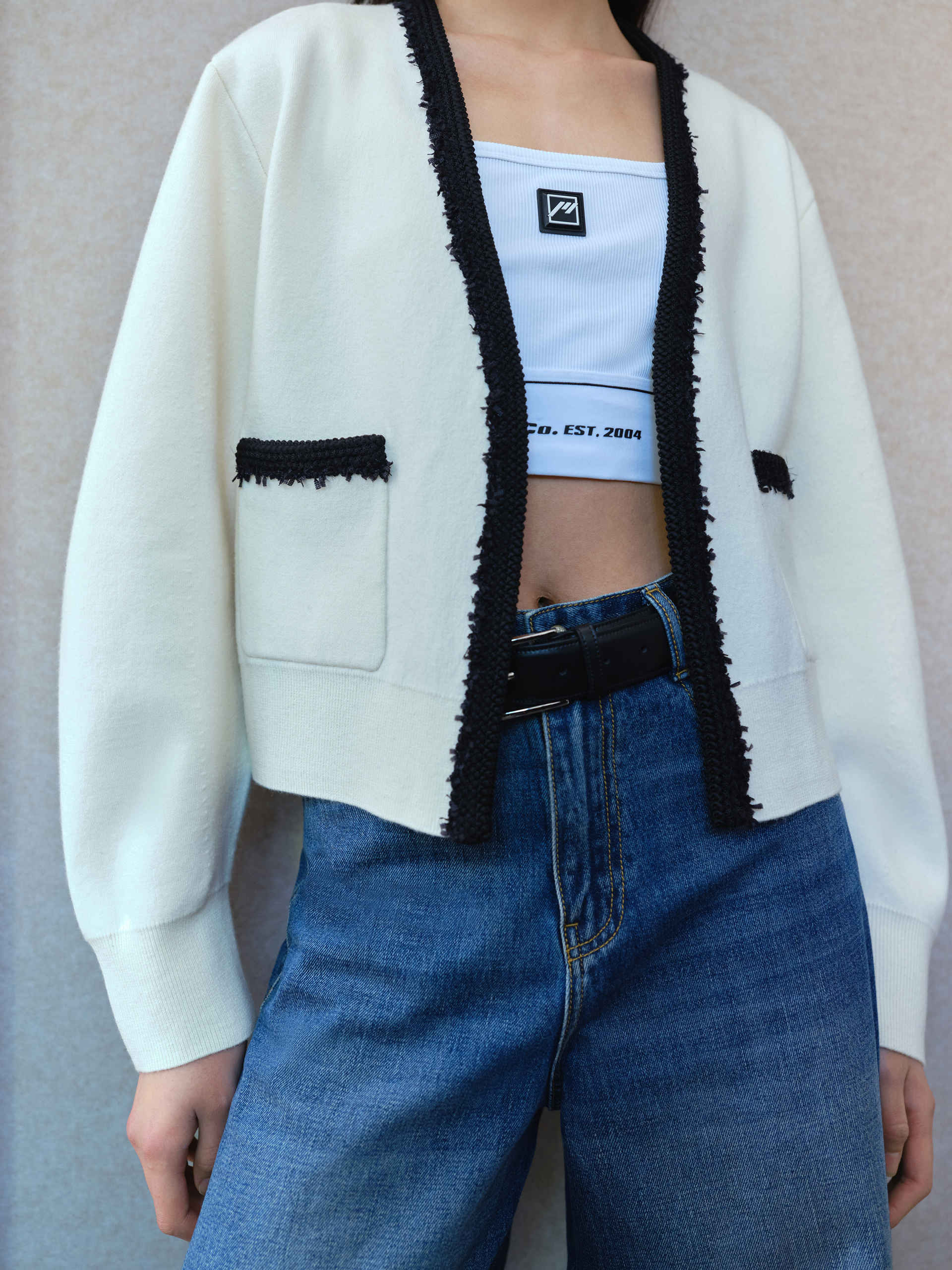 V-neck Contrast Wool Blend Cropped Knit Cardigan in Beige