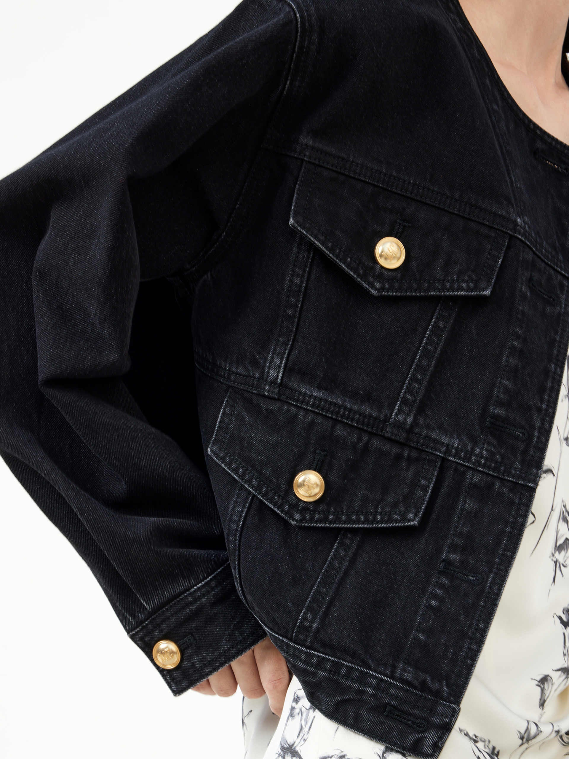 Collarless Cotton Denim Cropped Jacket in Black
