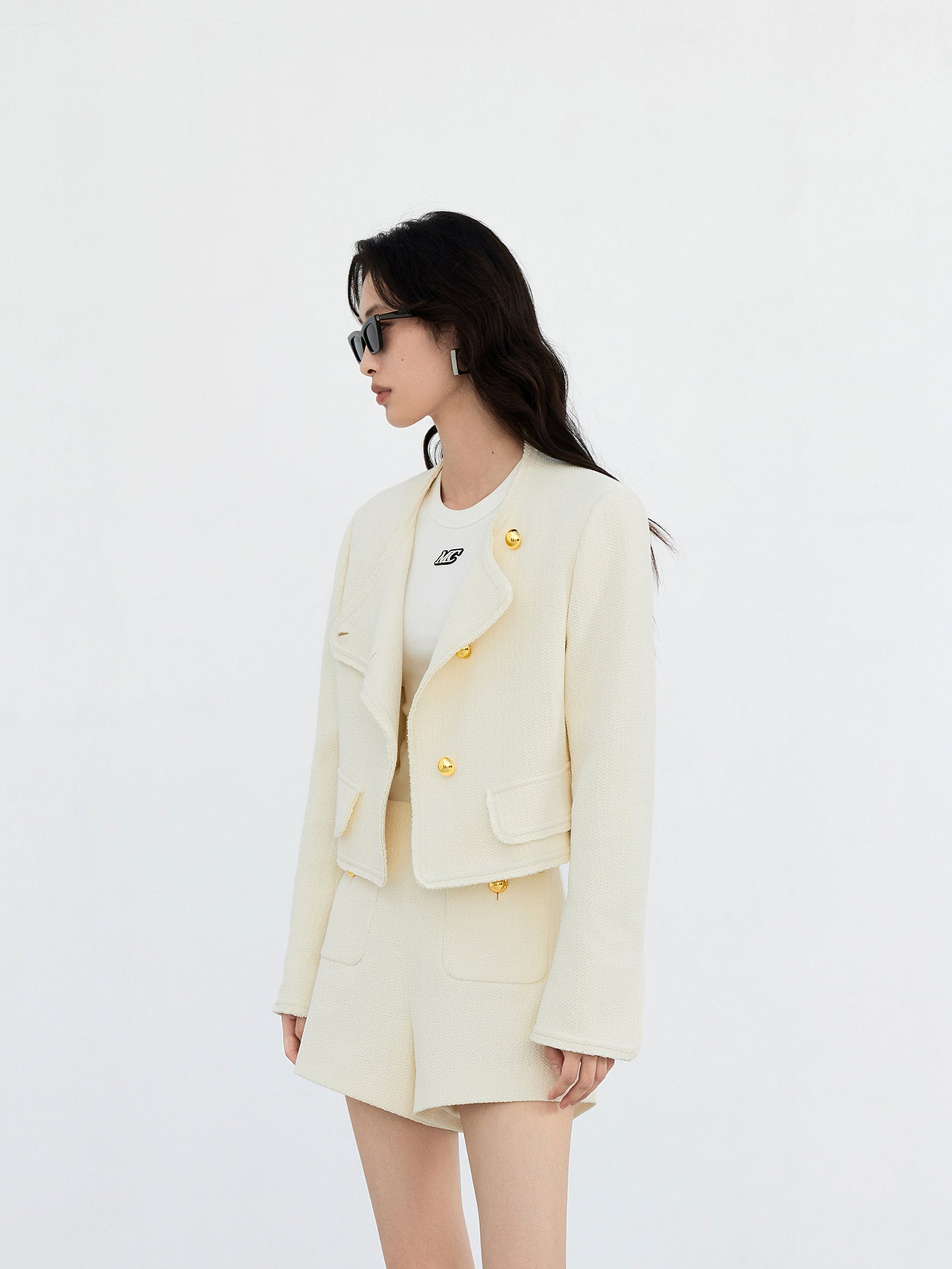 Collarless Metal Button Cropped Jacket in Beige