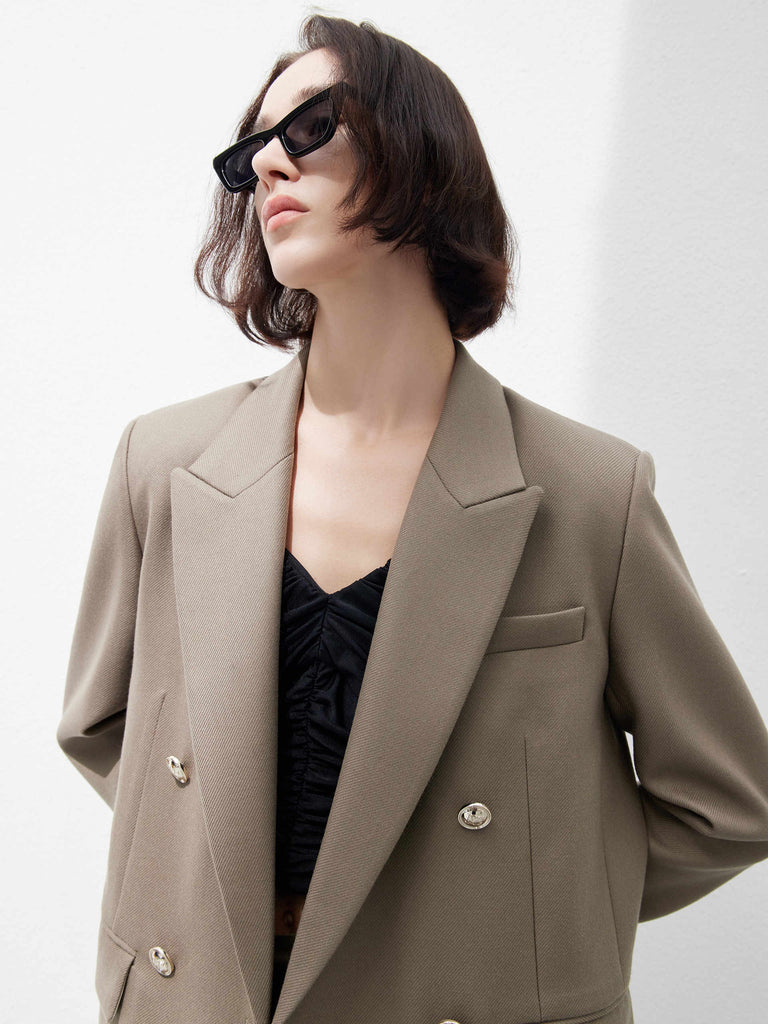 Wool blend Structured Double Breasted Blazer in Olive