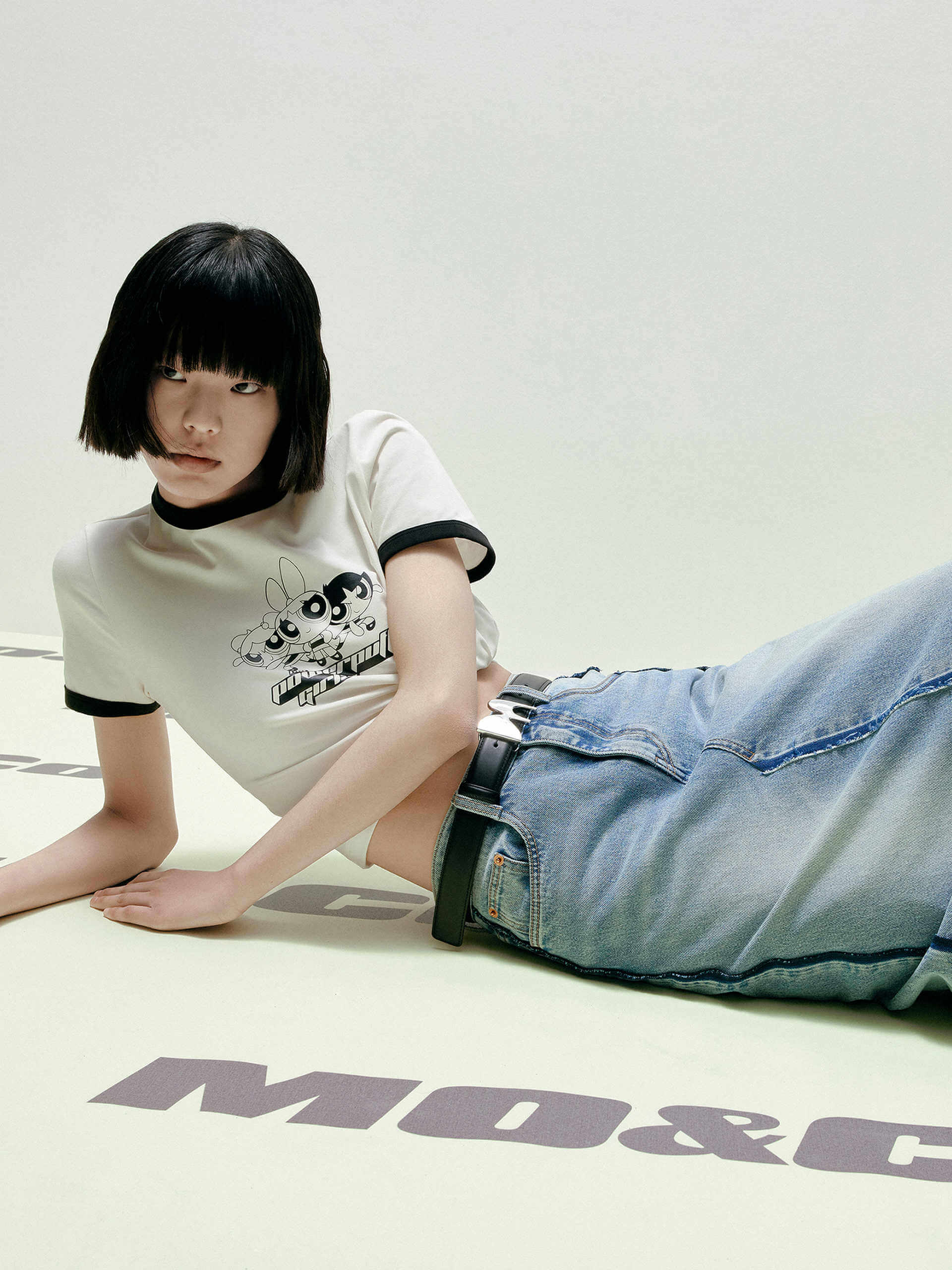 MO&Co. Women's Two-toned Seams Detail Slit Front Maxi Denim Skirt