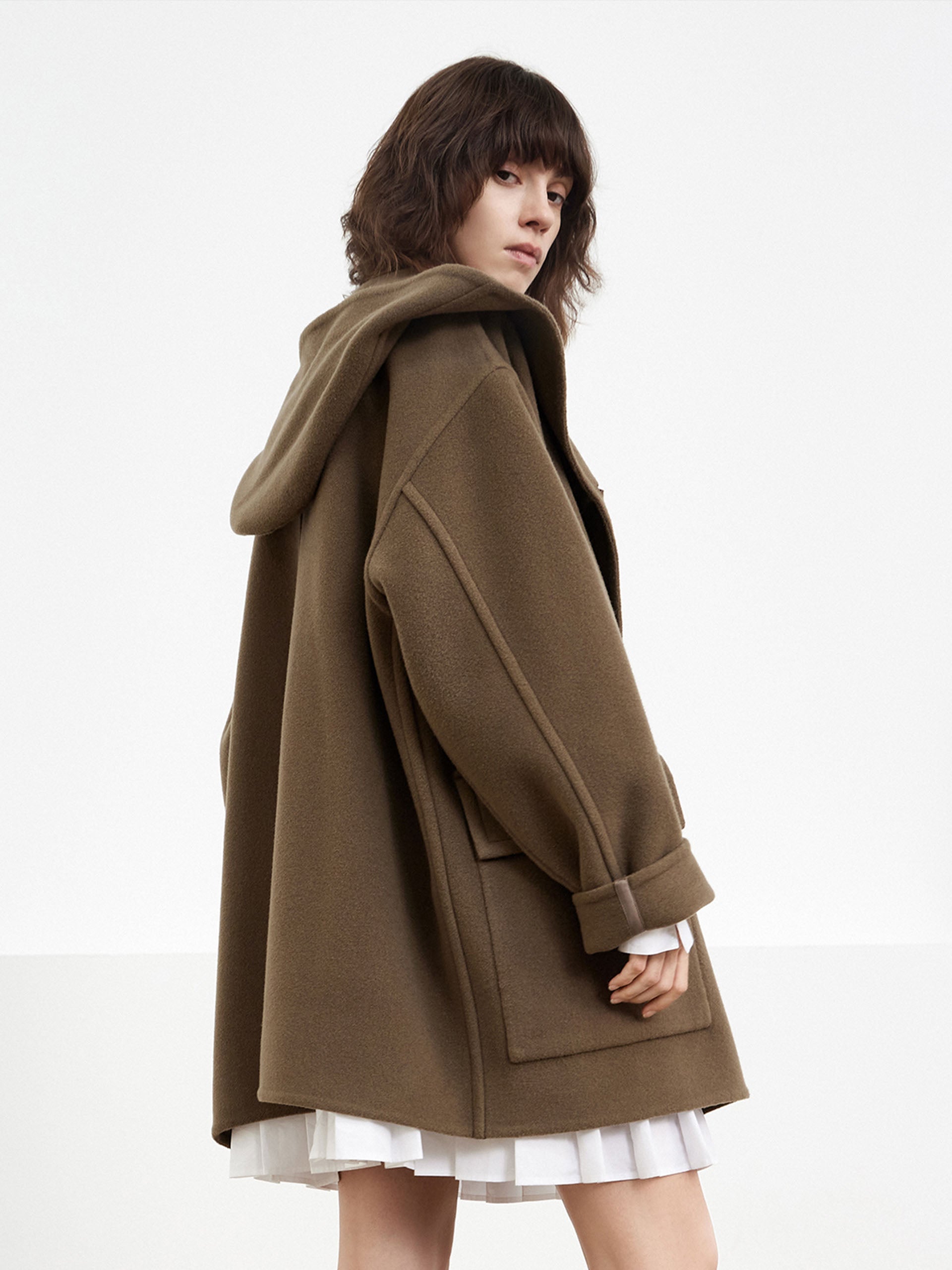 MO&Co. Women's Wool Blend Hooded Midi Coat in Olive