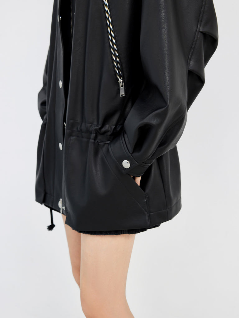 Faux Leather Collarless Jacket in Black