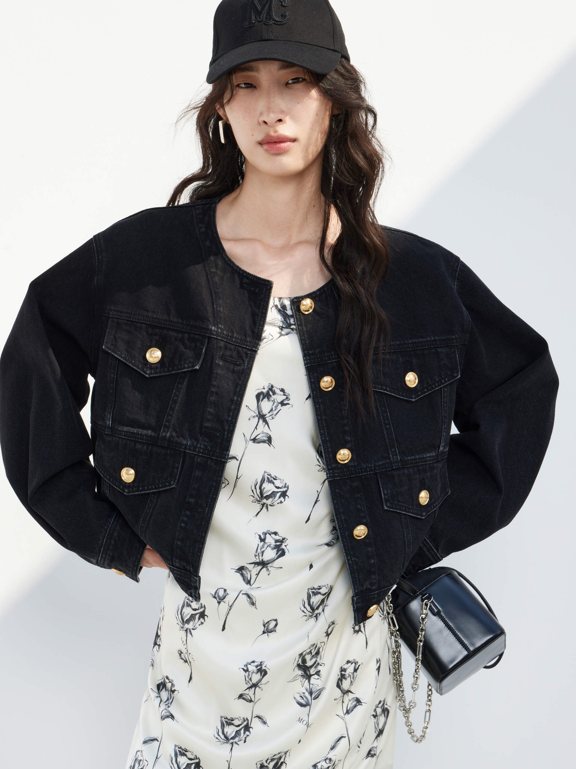 Collarless Cotton Denim Cropped Jacket in Black
