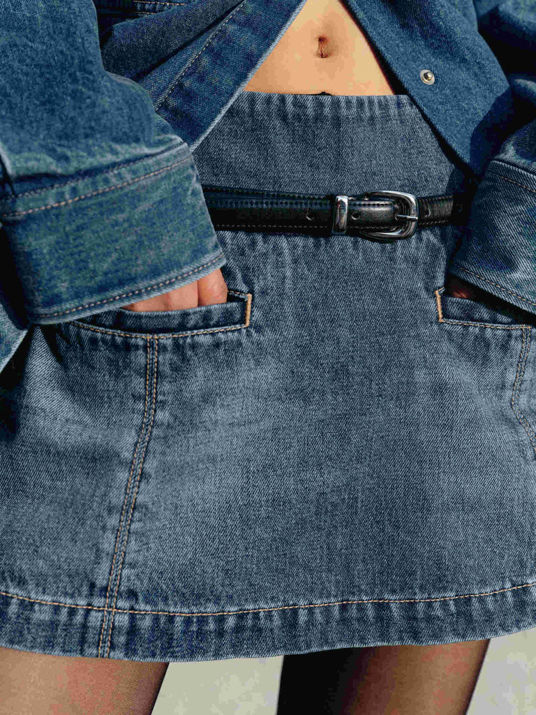 High Waist Blue Denim Mini Shorts with Belt