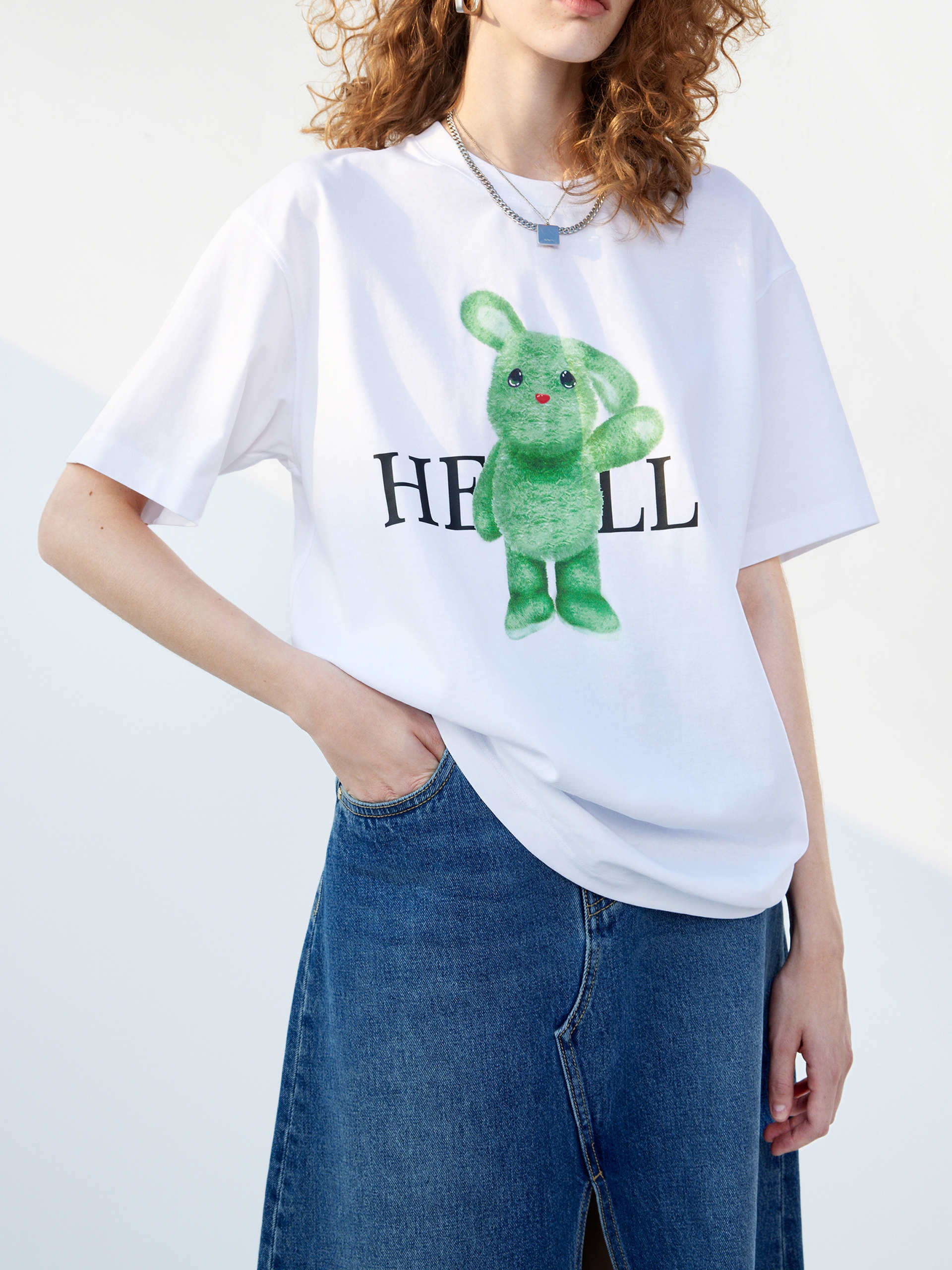 Short Sleeves Rabbit Pattern Cotton Relaxed Fit Causal T-shirt in White