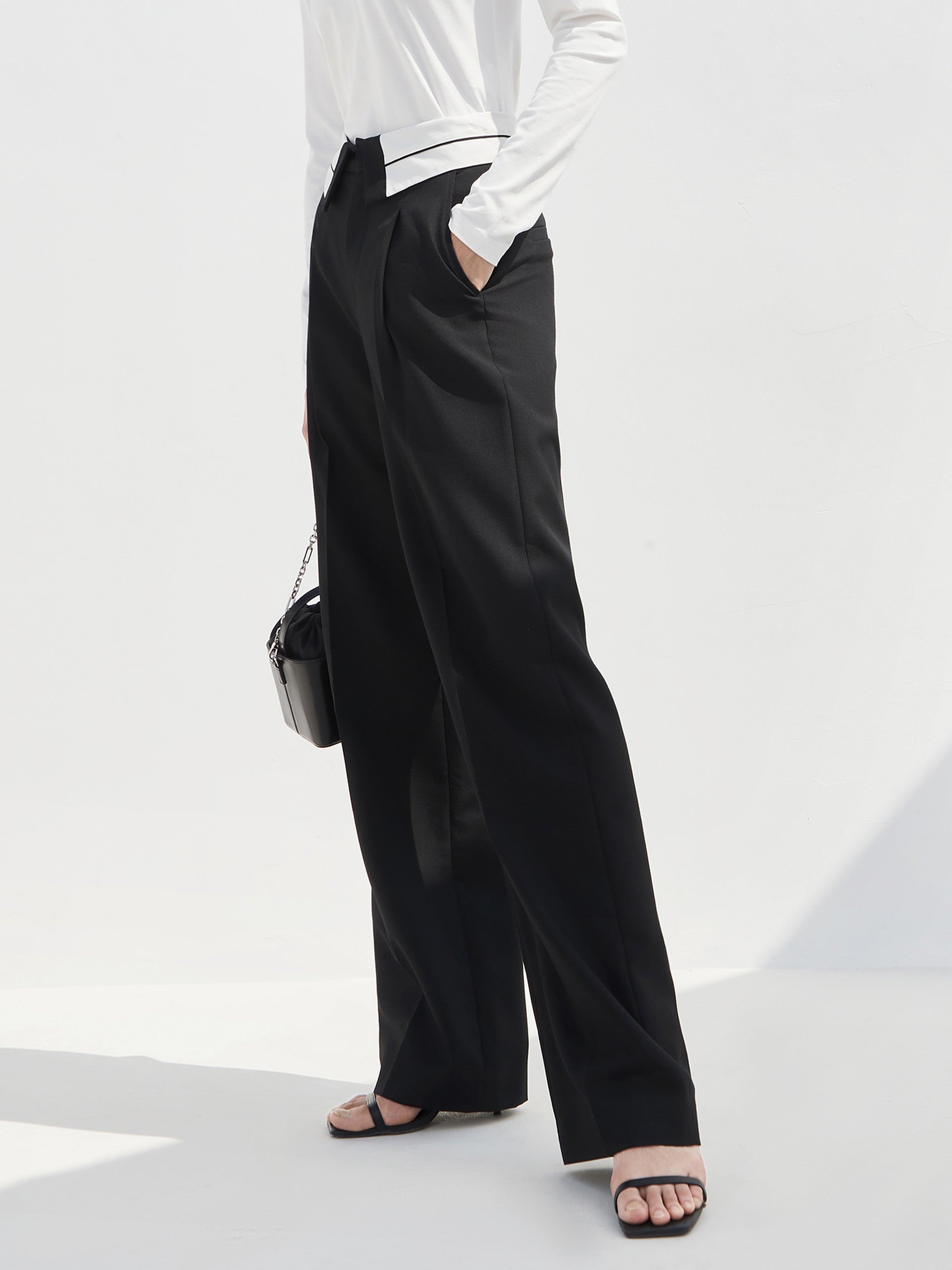 Wool blend Straight Flipped waistband Suit Pants in Black