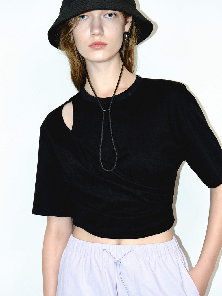 MO&Co. Women's Cutout Front Wrap Cropped T-shirt for Summer  in Black