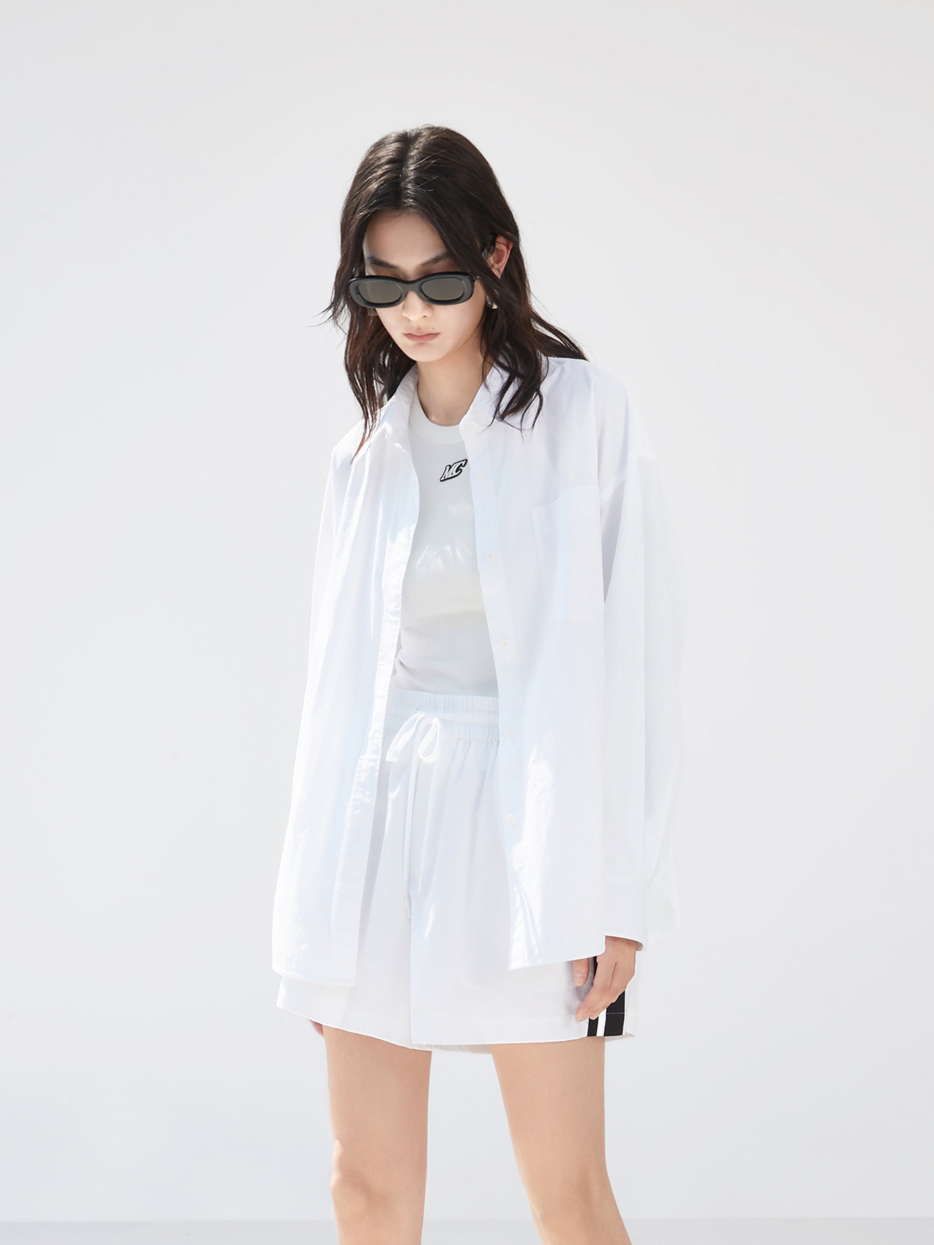 Contrast Trim Cotton Oversized Shirt in White