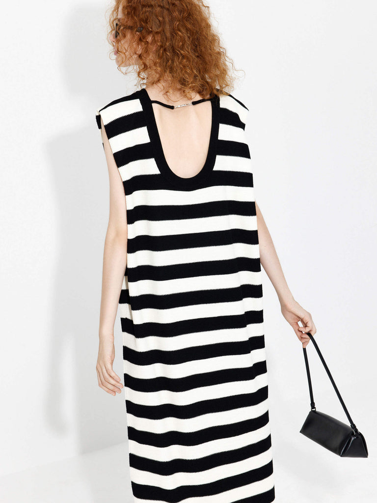 MO&Co. Women's Black and White Stripe H-line Maxi Dress with Cut-out Details and Logo Metallic Chain at back
