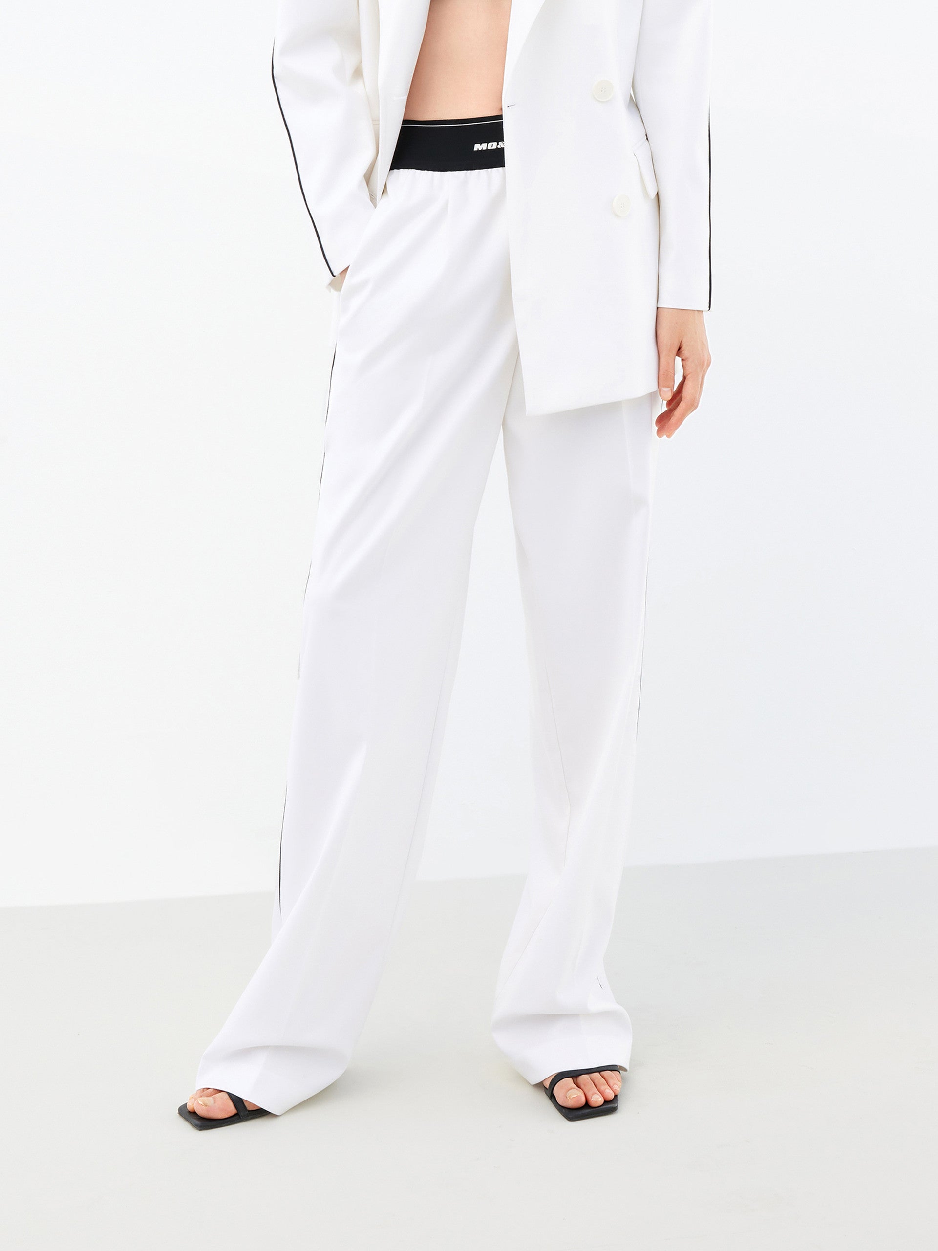 Wide Logo Waistband Straight Athleisure Pants Trousersin White