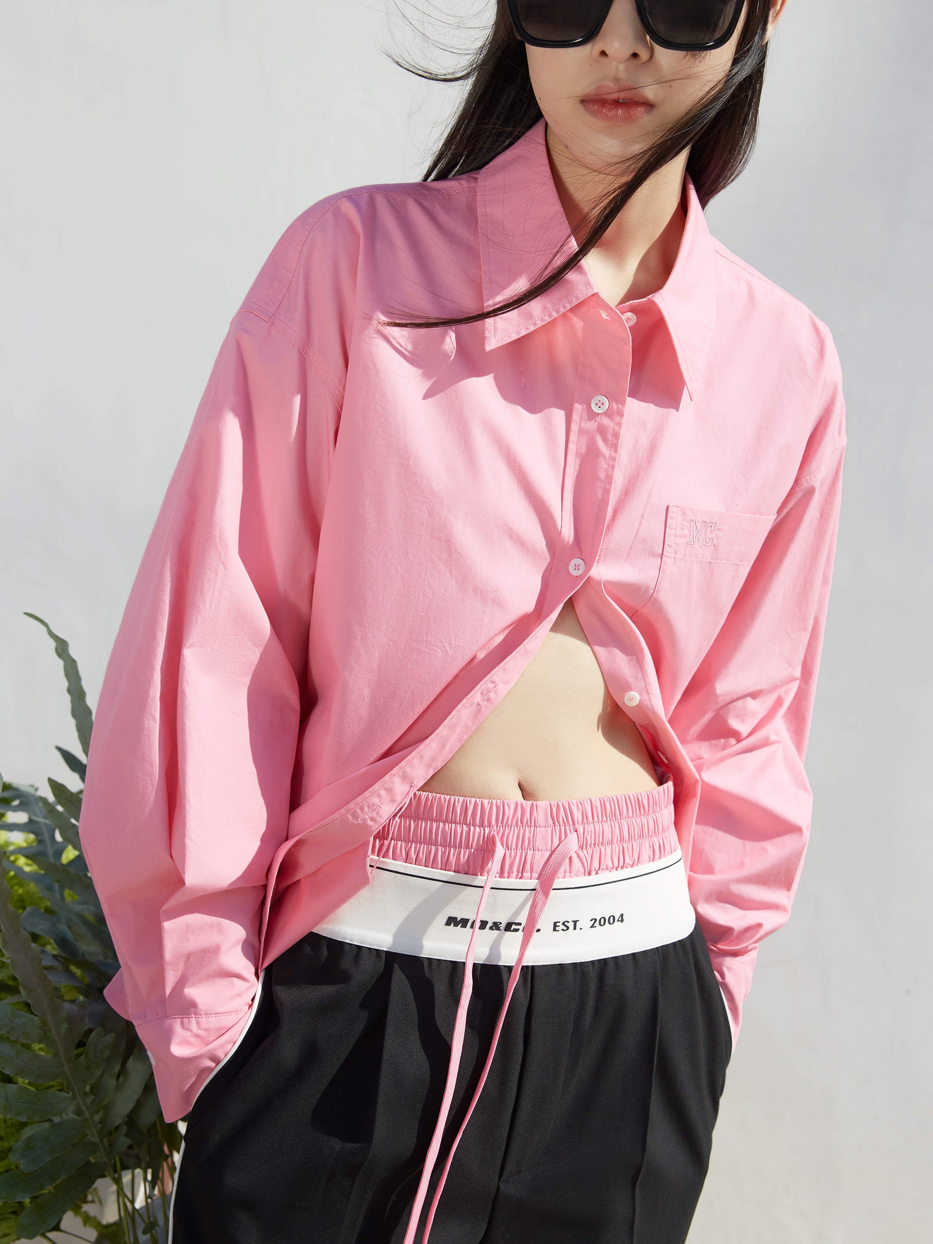 Contrast Trim Cotton Oversized Shirt in Pink