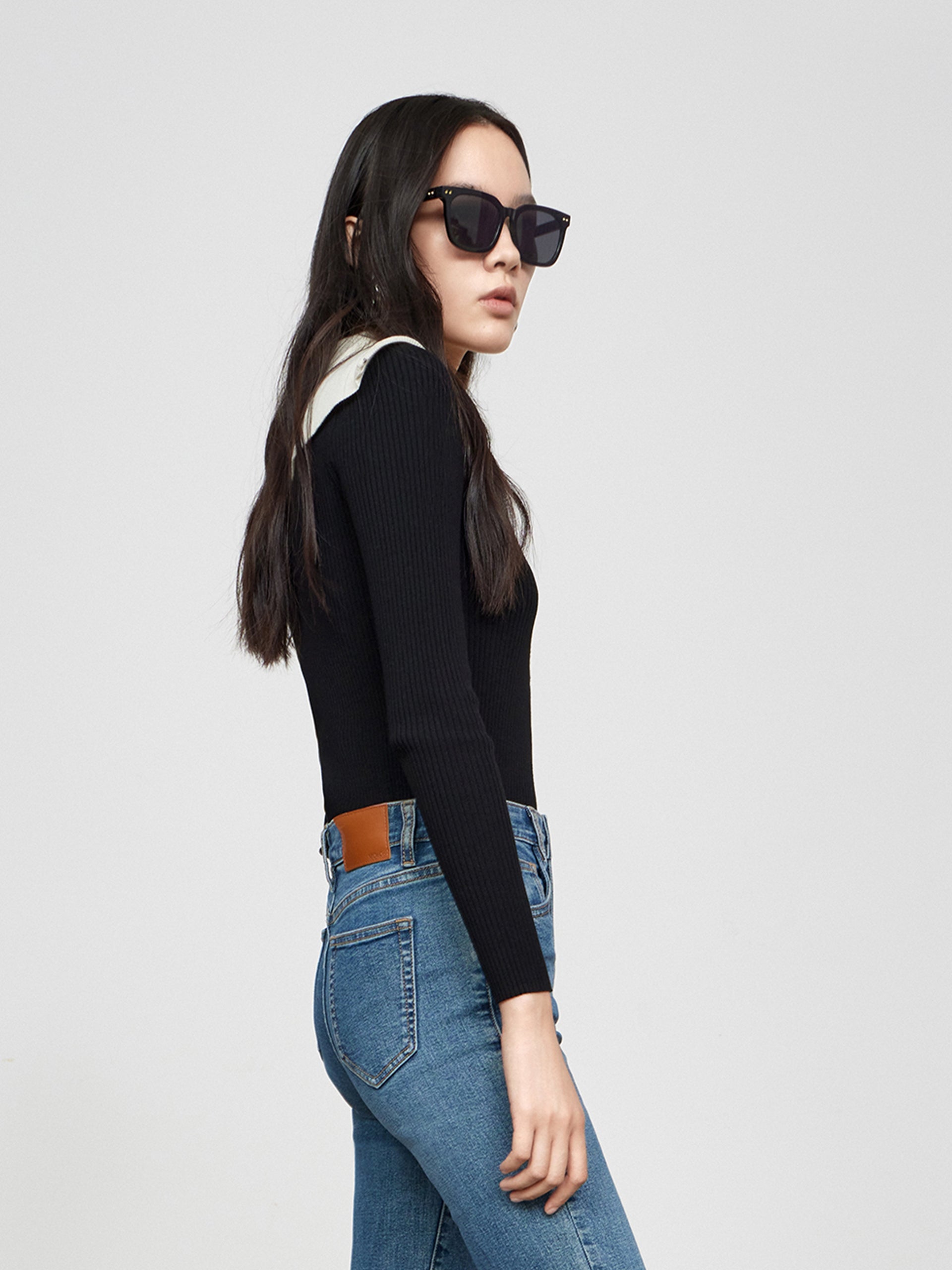 MO&Co. Women's Contrast Lapel Collar Knit Top Fitted Chic Black Tops For Women