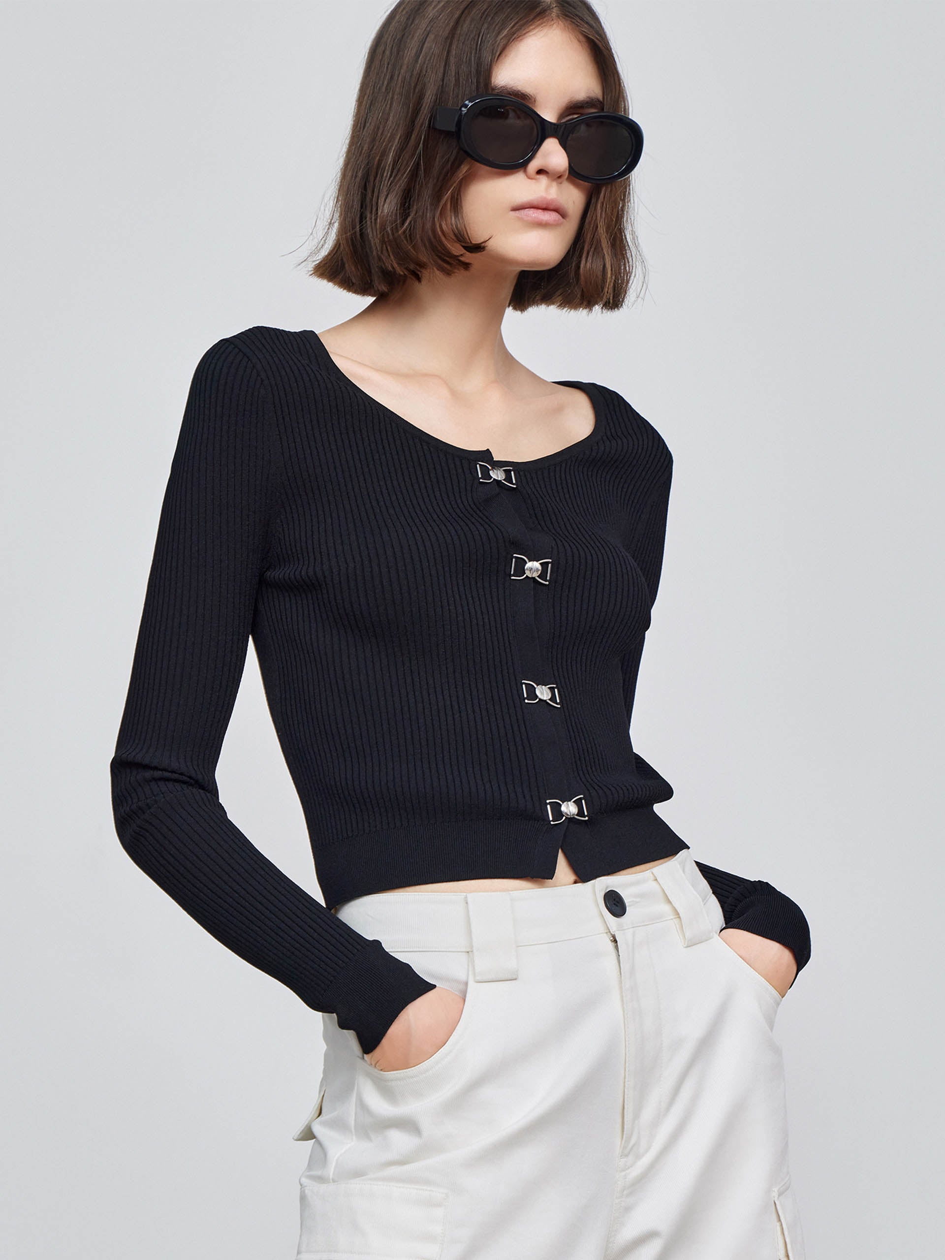 MO&Co. Women's Cropped Knit Top with Metal Buttons Fitted Casual casual top