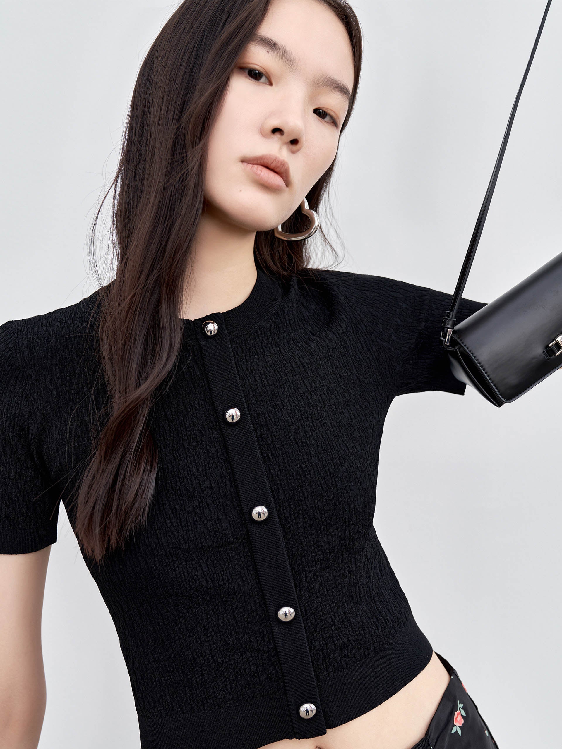 MO&Co. Women's Metal button Textured Sweater Fitted Casual green sweater